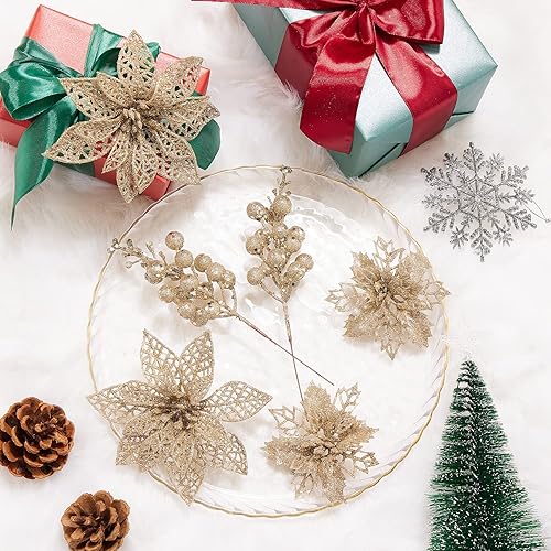 Miniatura 4 de Zhuqing Juego de 22 flores artificiales de Pascua de Navidad y tallos de bayas con purpurina, 16 adornos de flores para árbol de Navidad y 6 piezas