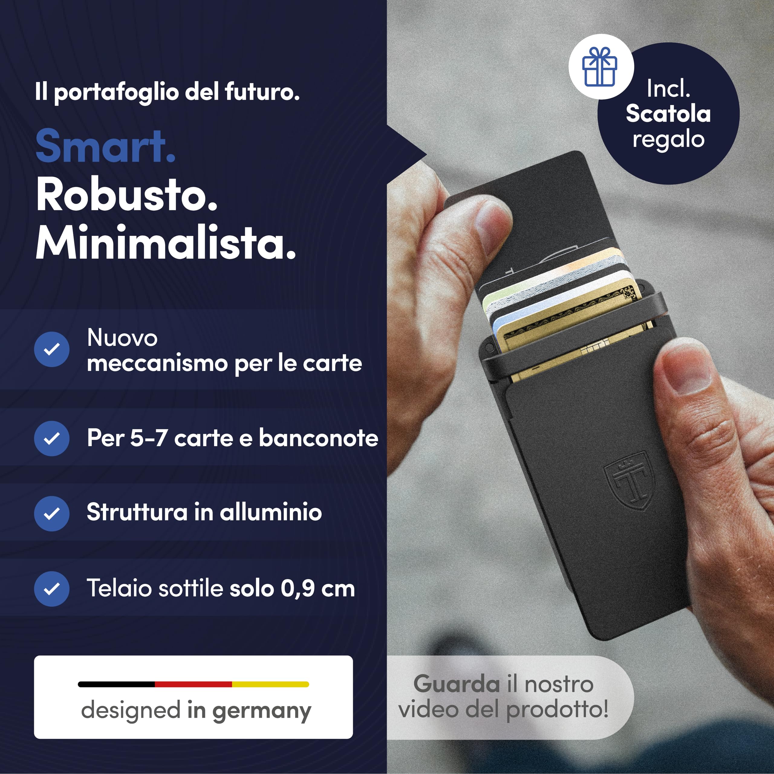 TRAVANDO SLYDE portacarte in alluminio con protezione RFID – porta carte con fermasoldi per 7 carte – astuccio per carte di credito, portafoglio da uomo, slim wallet (5-6 Carte)