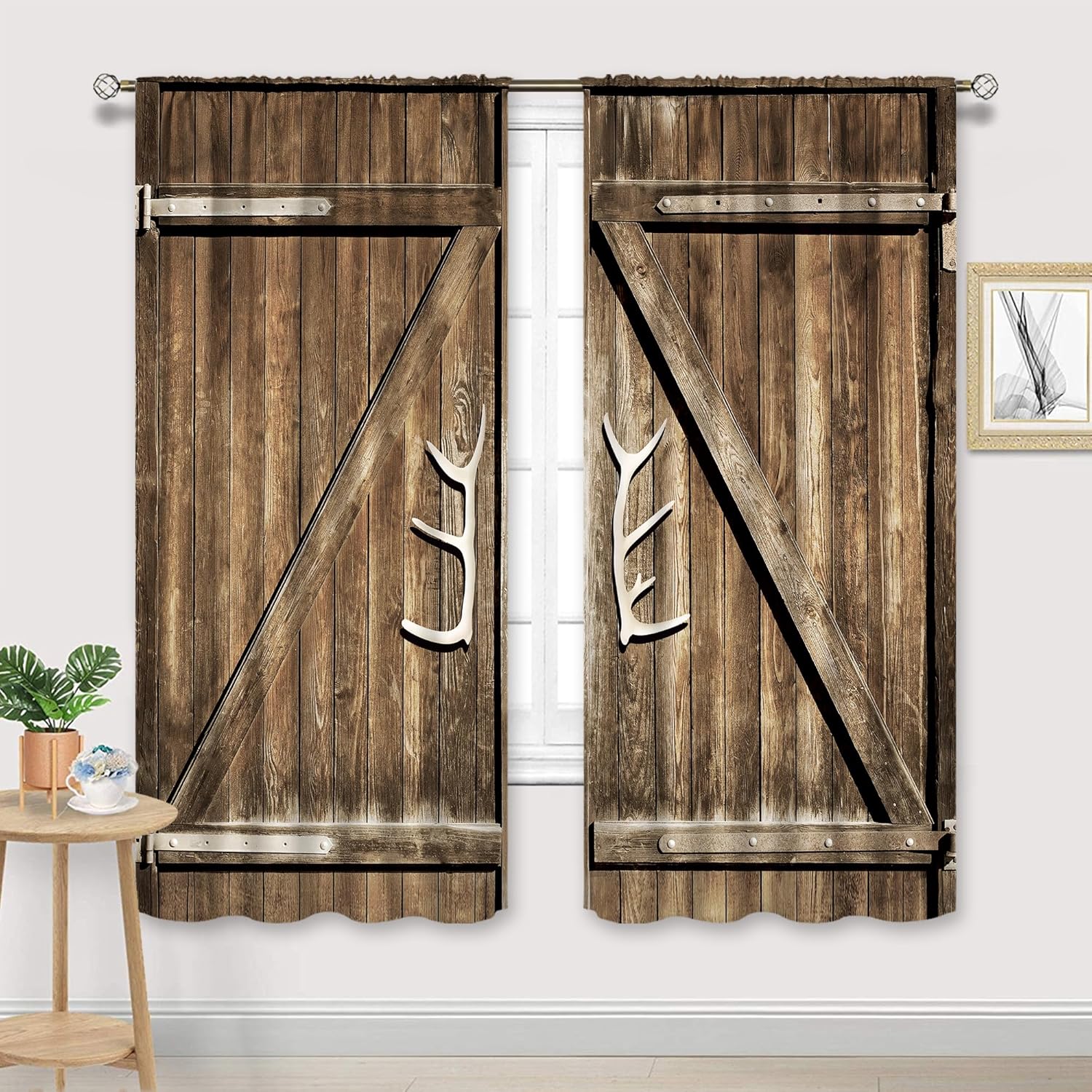 Cinbloo Rustic Western Curtains 42W x 63L Inch Rod Pocket Farmhouse Wooden Barnwood Country Bedroom Decor Vintage Retro Brown Wood Lodge Cabin Barn Door Living Room Window Drapes Fabric 2 Panels