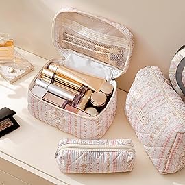 HBselect Quilted Makeup Bag, 3PCS Cotton Large Travel Makeup Bag, Cute Floral Coquette Make up Bag Cosmetic Bag Toiletry Bag for Women Girls