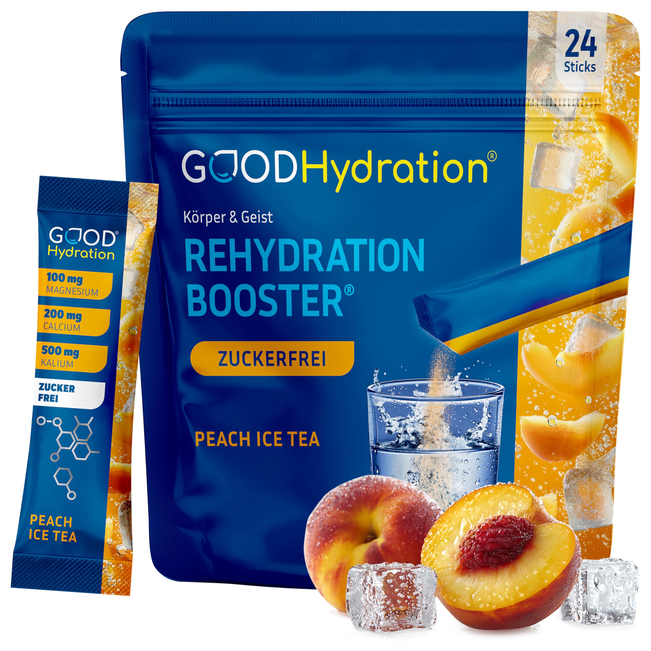 GOOD Hydration® Rehydration Booster PFIRSICH - 1.450mg Elektrolyte OHNE ZUCKER plus BCAA, Biotin und 6 Vitamine - Elektrolyt Pulver für Sport, Arbeit und Party - Vegan - Made in Germany - 24 Sticks