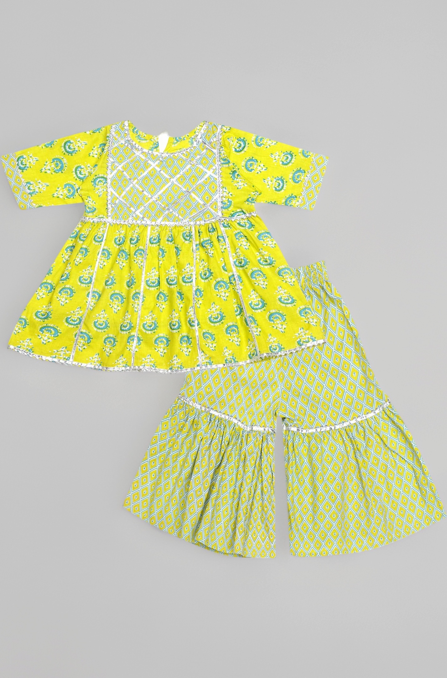 Baby Girl's Cotton Sanganeri/Floral Printed Frock Style Kurti With Printed Sharara Dress Clothing Set