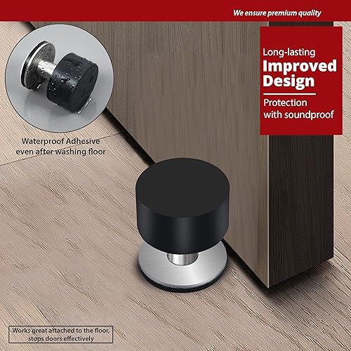 Miniatura 4 de Tope de puerta con adhesivo extra, tope de puerta autoadhesivo con parachoques de goma negra y cuerpo de acero inoxidable - Protector de pared