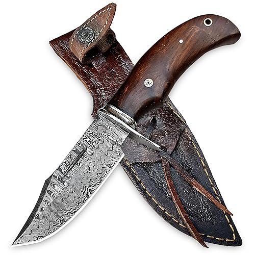 OCEAN KNIVES Handmade Damascus Steel Fixed Blade Hunting Knife 10" - Walnut Wood Handle & Leather Sheath - Bushcraft Outdoor, Skinning & Survival Knife - Collector Men Gifts (BIG-1)