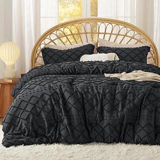 Queen Comforter Set - Black Comforter, Boho Tufted Shabby Chic Bedding for Kids, 3 Pieces Vintage Farmhouse Bed Set for All Seasons, Fluffy Soft Bedding with 2 Pillow Shams