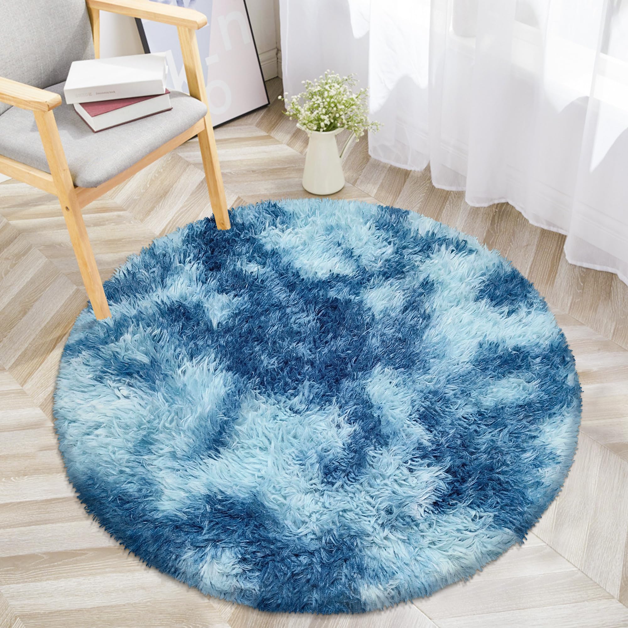ATRUG Round Rug 3 ft Blue Circle Area Rug,Tie Dyed Soft Shaggy Circle Rug Fluffy Plush Round Carpet for Kids Girls Boys Room Baby Nursery Living Room