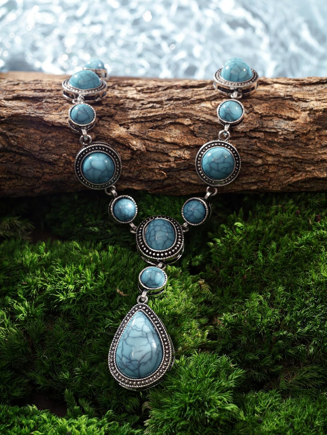 MINACHI Bohemian Created Turquoise Beaded Y-Necklace, Turquoise-toned Multi-shaped Pendant, Dainty Elegant Jewelry for Women - Image 6