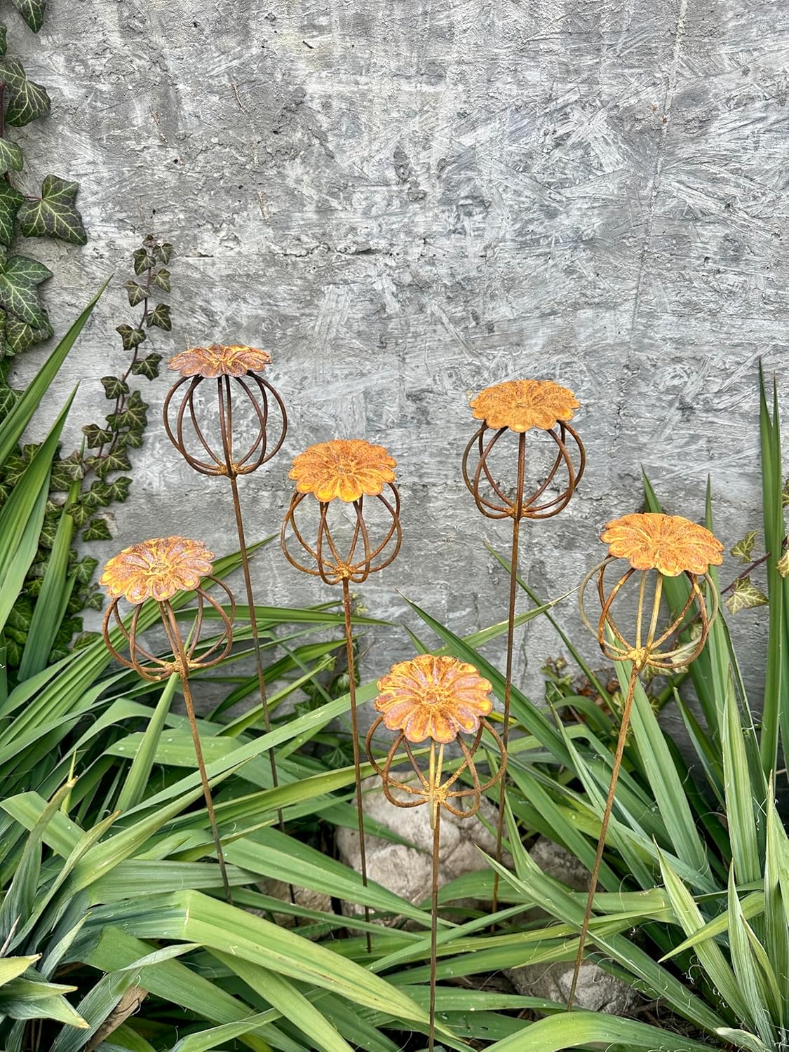 Rusty Flowers Set of 6, Poppy Seed Head Garden Decor, Garden Art, Yard Ornaments, Outdoor Metal Decor, Rustic Metal Sculpture