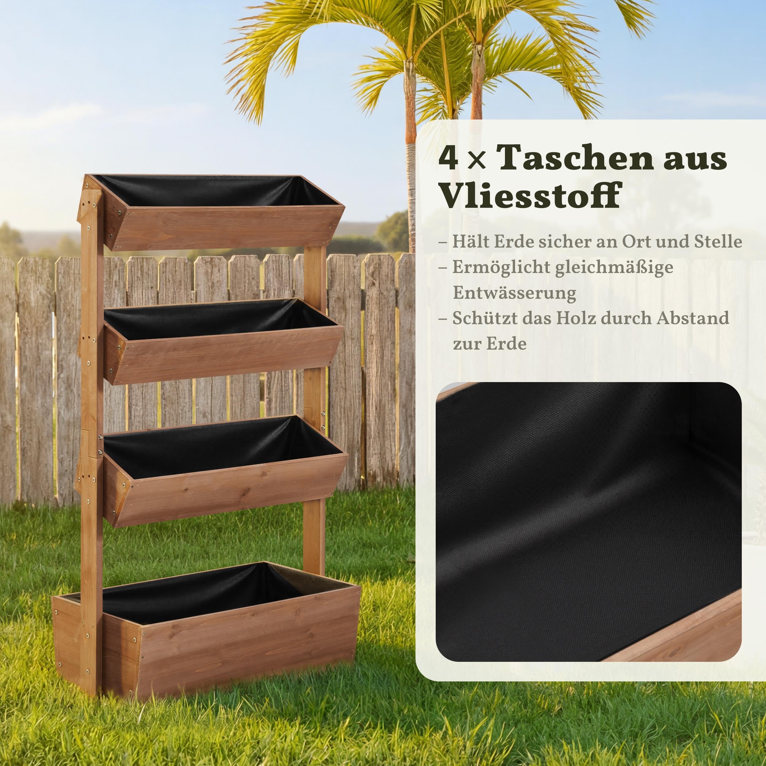 Yaheetech Pionowa podwyższona grządka z 4 poziomami, 84,5 x 45 x 140,5 cm, z otworami drenażowymi i włókniną do roślin, drewno jodłowe, odporne na warunki atmosferyczne, inspekt, grządka ogrodowa