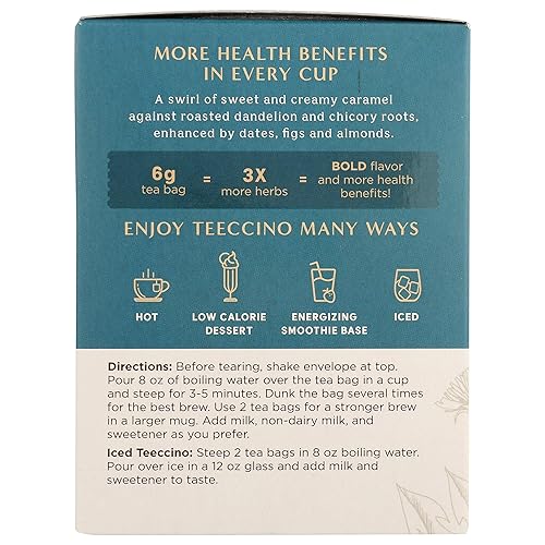 Miniatura 7 de Teeccino Té Chai rojo de diente de león, sin cafeína, té de hierbas tostadas con prebióticos, 3 veces más hierbas que las bolsas de té normales, sin
