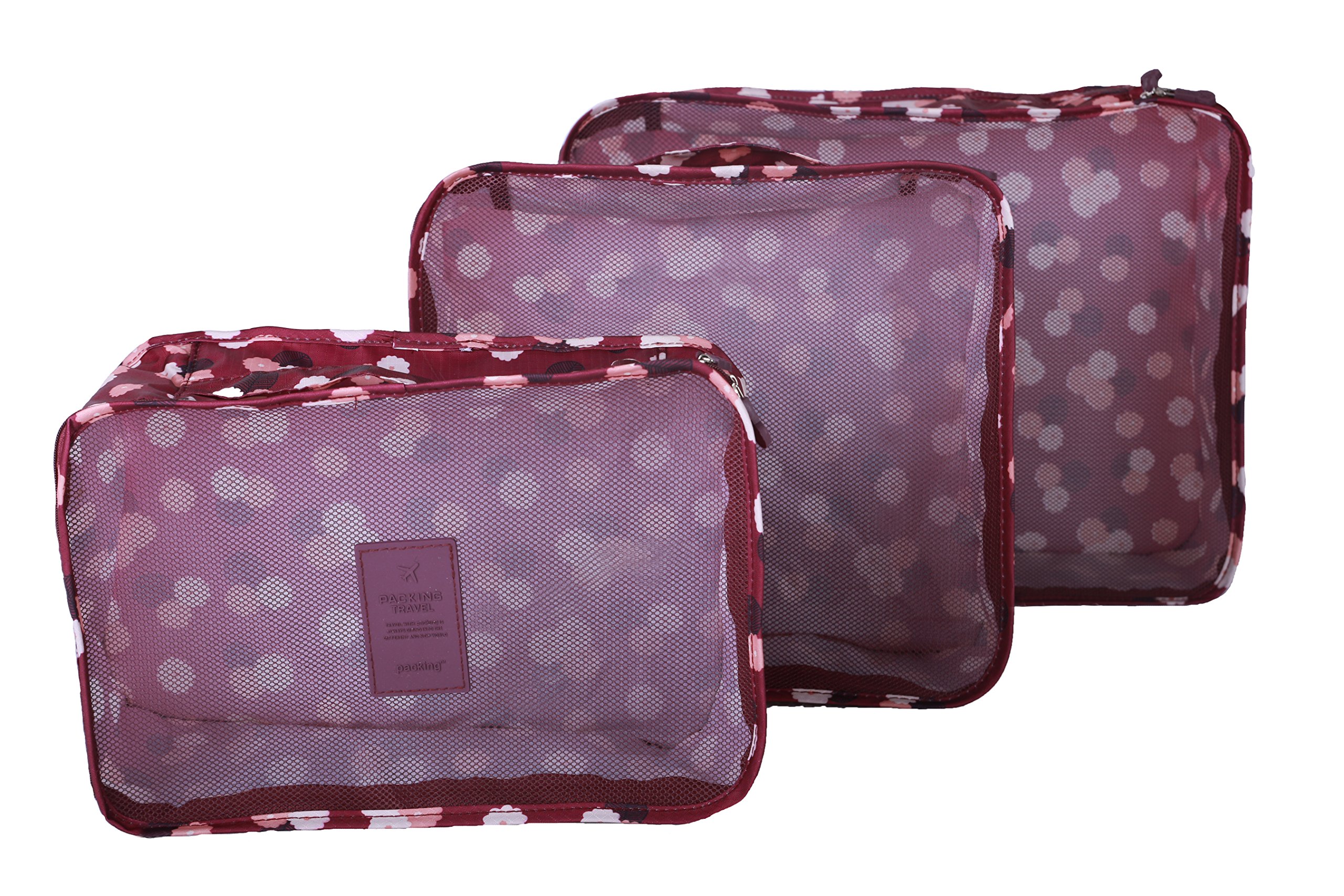 6 sets travel Organizers Packing Cubes Luggage Organizers Compression Pouches (Wine Daisy)