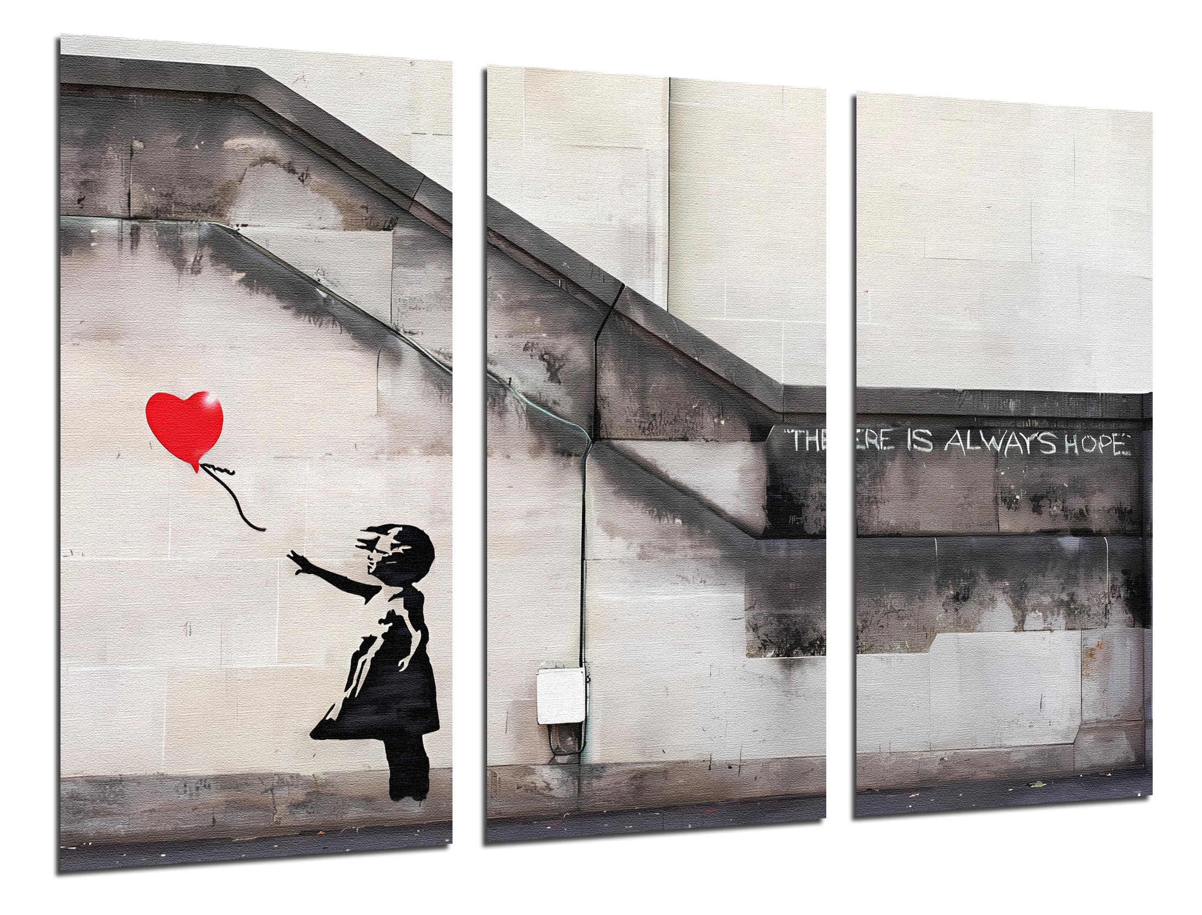 Set 3 cuadros decorativos para pared, Decoración Salón Modernos, Dormitorios, Habitación, impresión sobre madera con colgadores, Banksy Street Art, Niña con Globo, (97 x 62 cm)