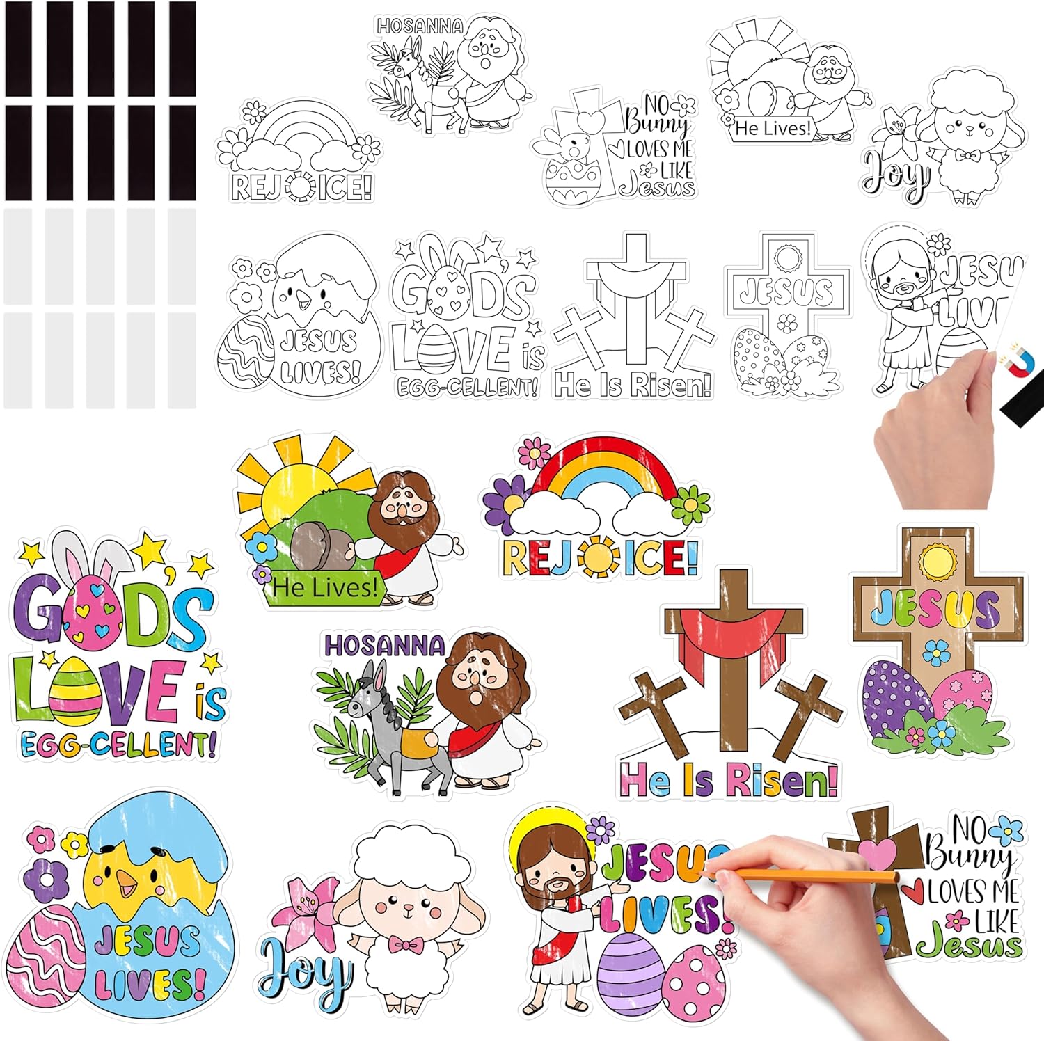 JAPBOR Easter Coloring Crafts Kits - 30PCS He is Risen Color Your Own Art Magnets for Kids, Religious Jesus DIY Colour Fridge Magnetic, Spring Bunny Magnet Stickers for Class Activities Party Favor