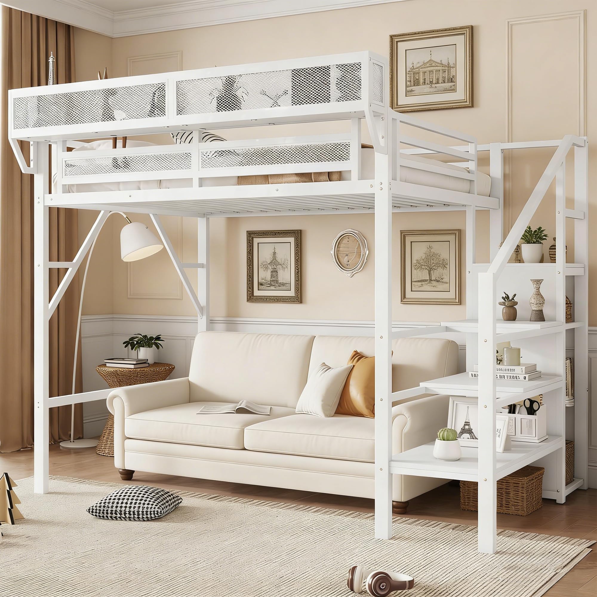 Twin Size Loft Bed with Stairs and Storage, Metal Loft Bed Frame with Bedside Shelf and Large Under-Bed Space, Heavy-Duty Beds for Boys Girls Teens and Kids Room/Studio/Apartment, White