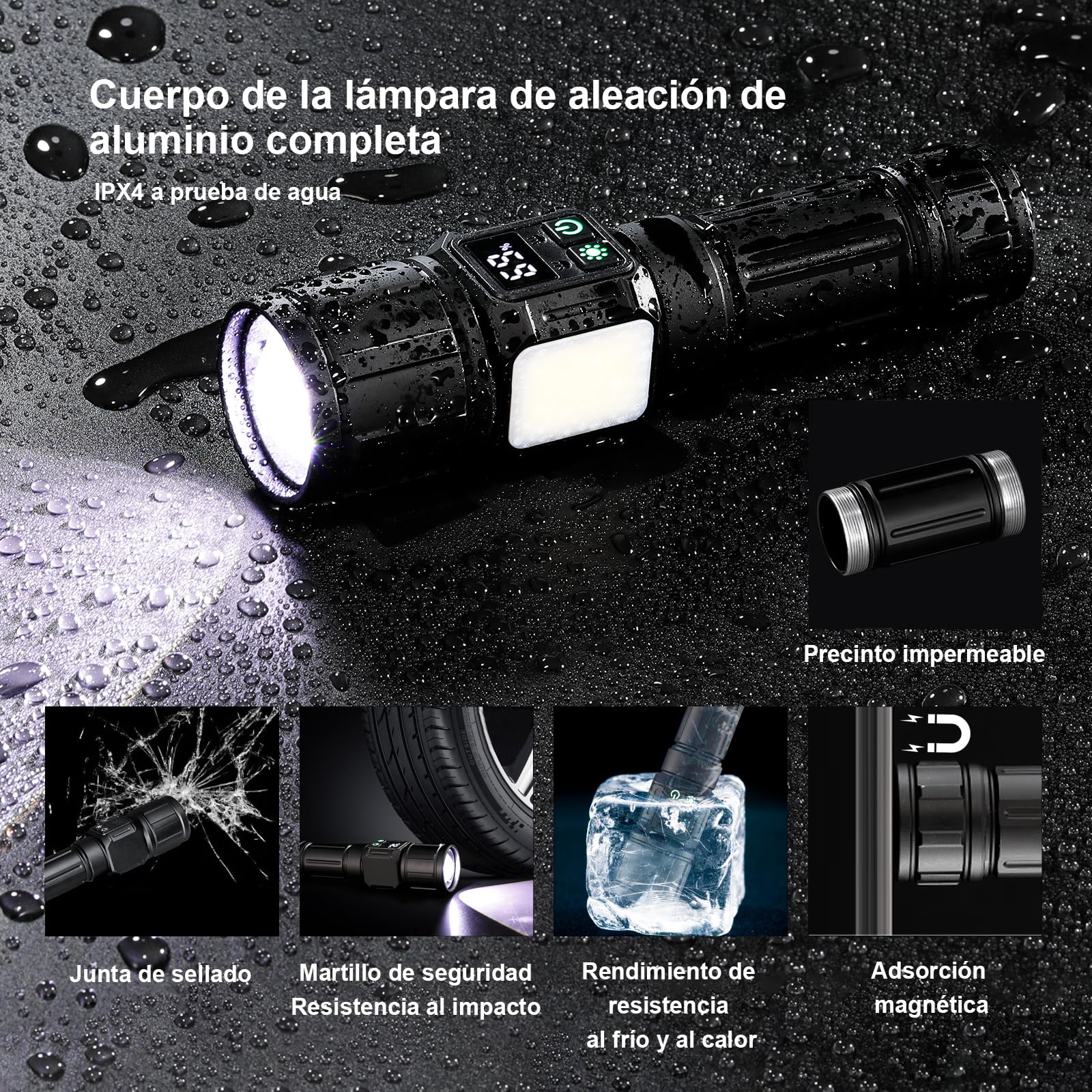 Tom-shine Súper Brillante Linterna LED con Zoom – Recargable USB-C 5000mAh, 9 Modos + Luz Lateral & Indicador de Batería, IPX4 Resistente a la Lluvia para Caza, Camping, Emergencias