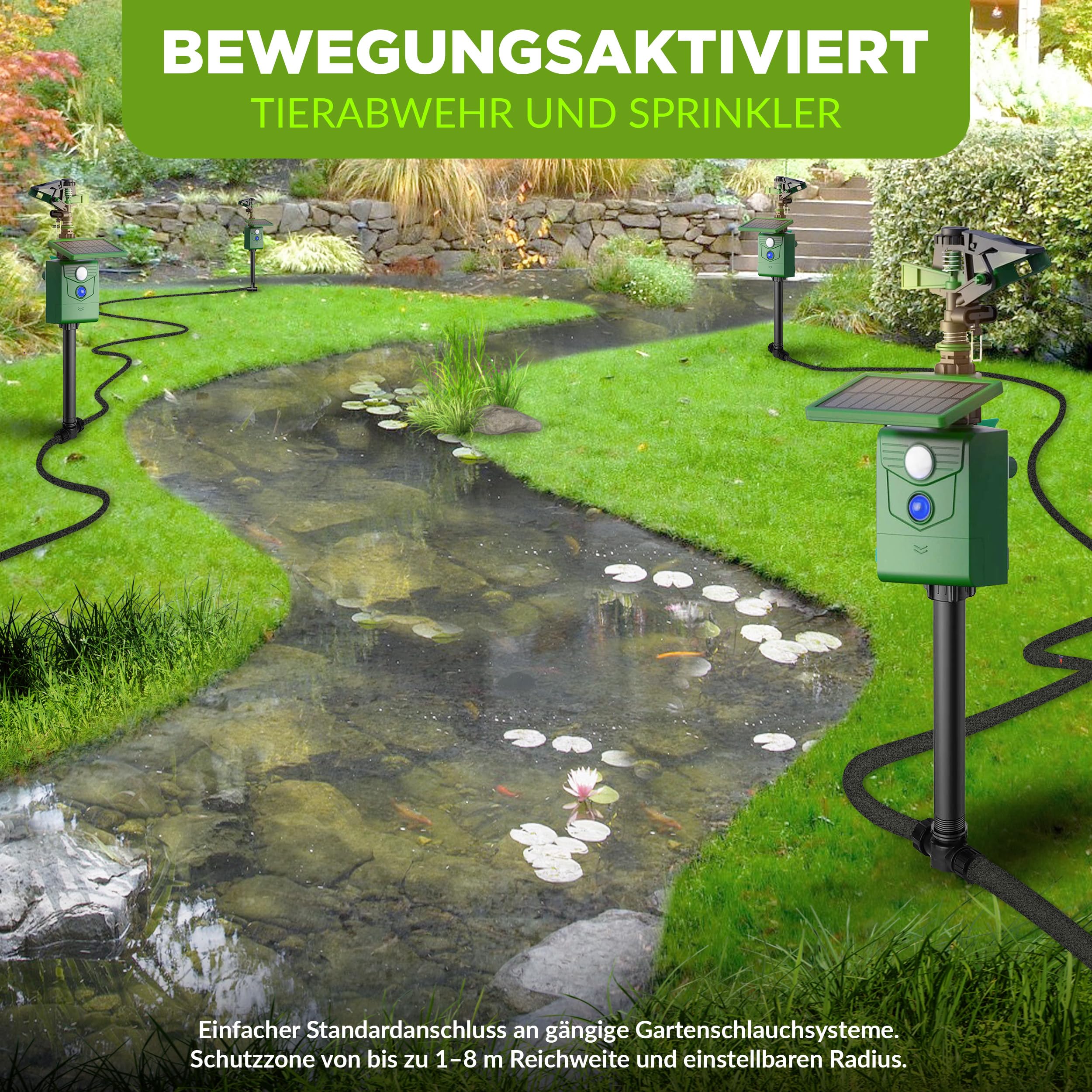 ISOTRONIC® Wasserstrahl Plus Licht Tiervertreiber Solar | Solarbetriebene Hunde-Katzen-Abwehr | Vogel-Reiher-Schreck für Garten | Bewegungsmelder I Reichweite einstellbar I Wildtierabwehr (2)