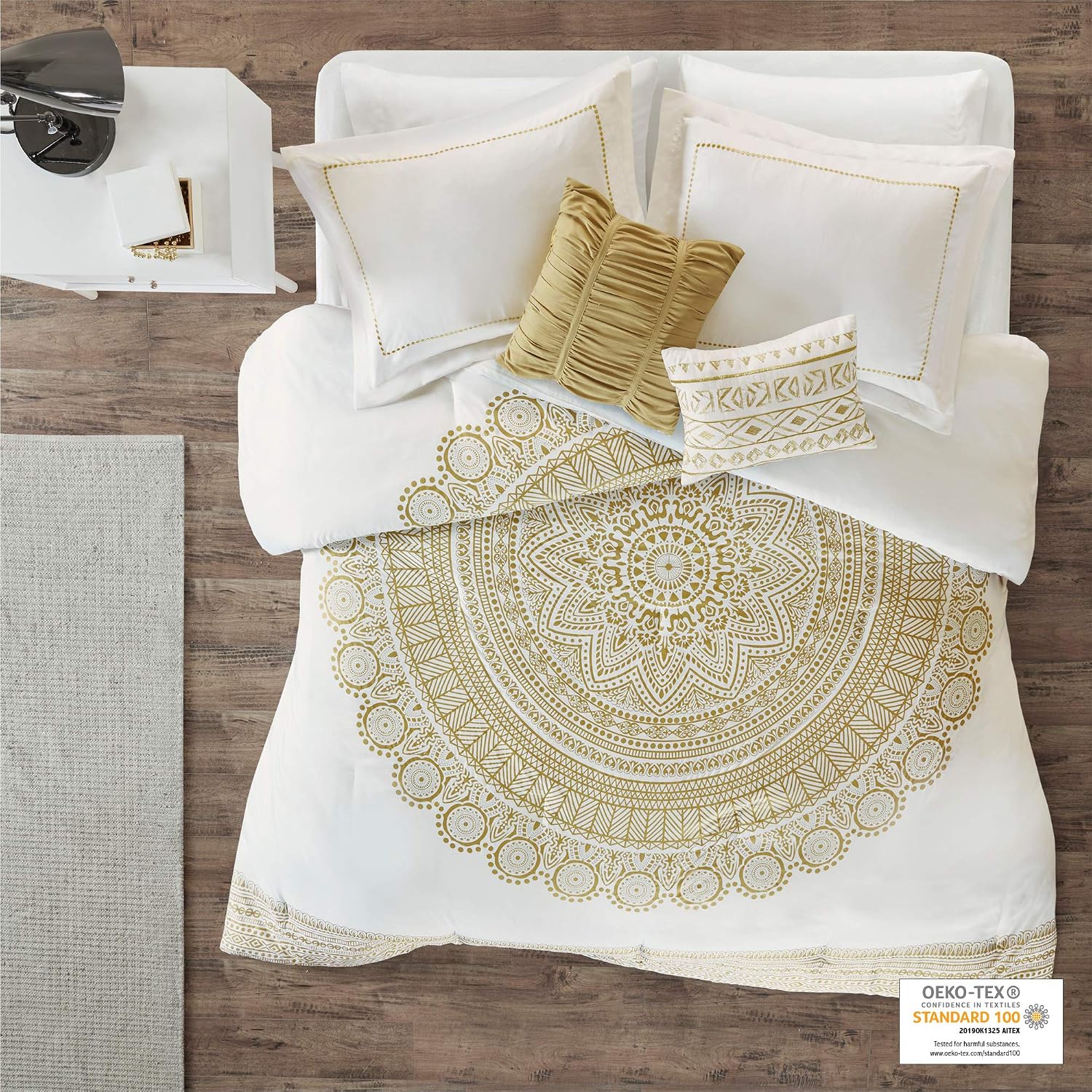 Intelligent Design Cozy Comforter Set Casual Boho Medallion Floral Design, Modern All Season Bedding Set with Matching Sham, Decorative Pillow, Full/Queen, Nomad Gold 5 Piece (ID10-1585)