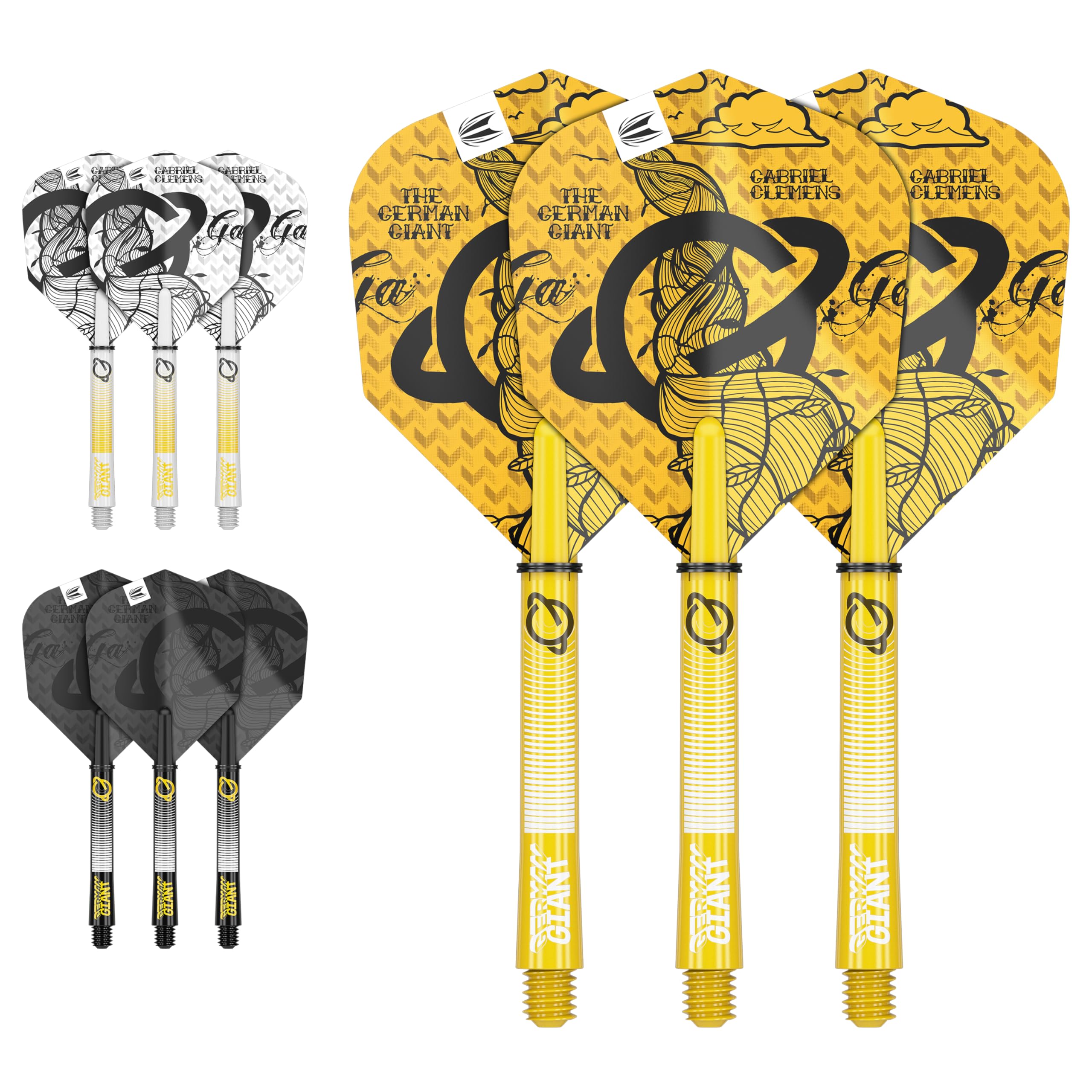 Target Darts Gabriel Clemens Ink Design No.6 Dart Flights & Medium (48mm) Shafts Stems - 9 Flights and 9 Shafts in Total