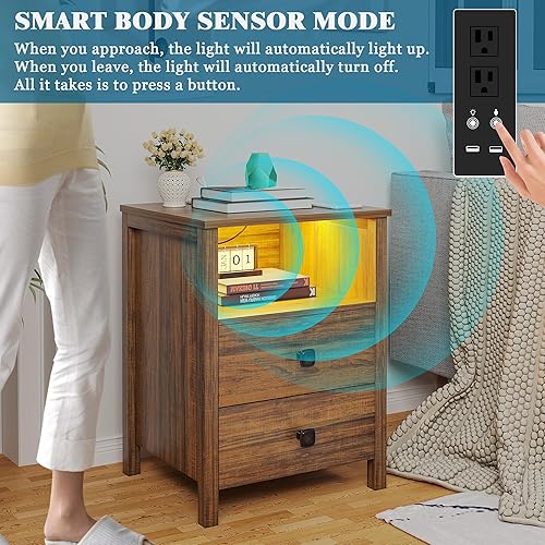 Miniatura 6 de WOOVIVS Mesita de noche LED con estación de carga inalámbrica y puertos USBC, tira de luz LED de 24 colores con brillo ajustable y modo de sensor de