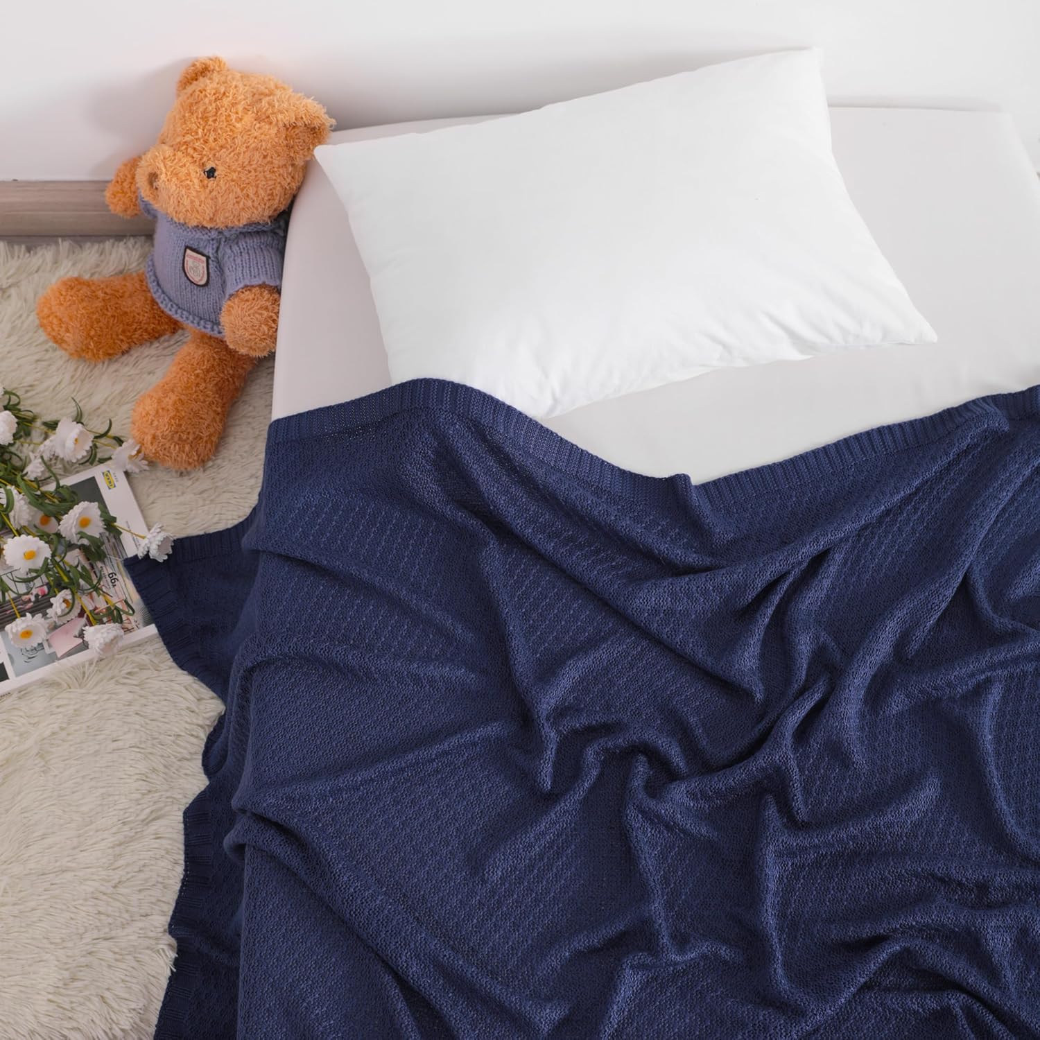 NTBAY Cable Knit Cooling Toddler Blanket, Soft and Breathable Baby Blanket 30x40 Inches Made from Rayon Derived from Bamboo for Crib, Stroller, Nursery, Navy Blue - Image 2