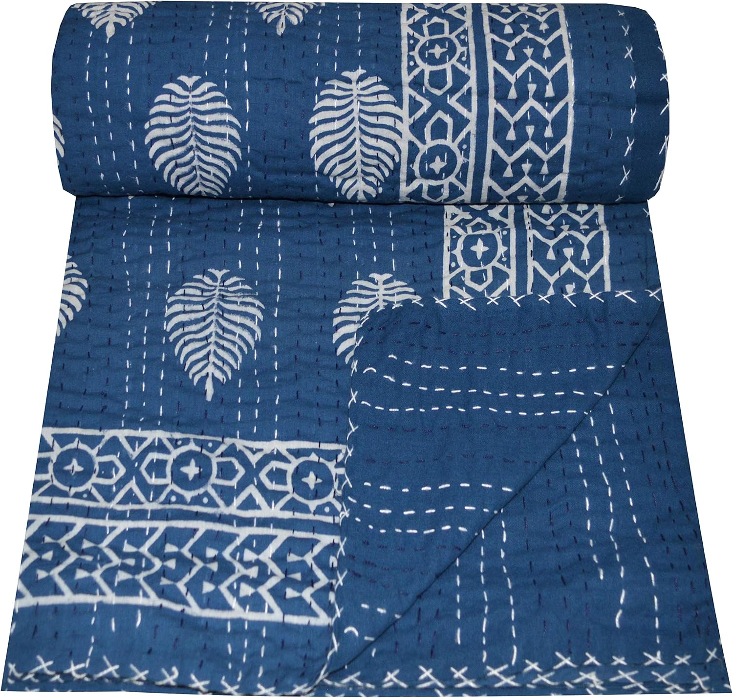 Indian Handmade Twin Cotton Kantha Quilt Throw Blanket Bespread Indigo Blue 90x60 Inch