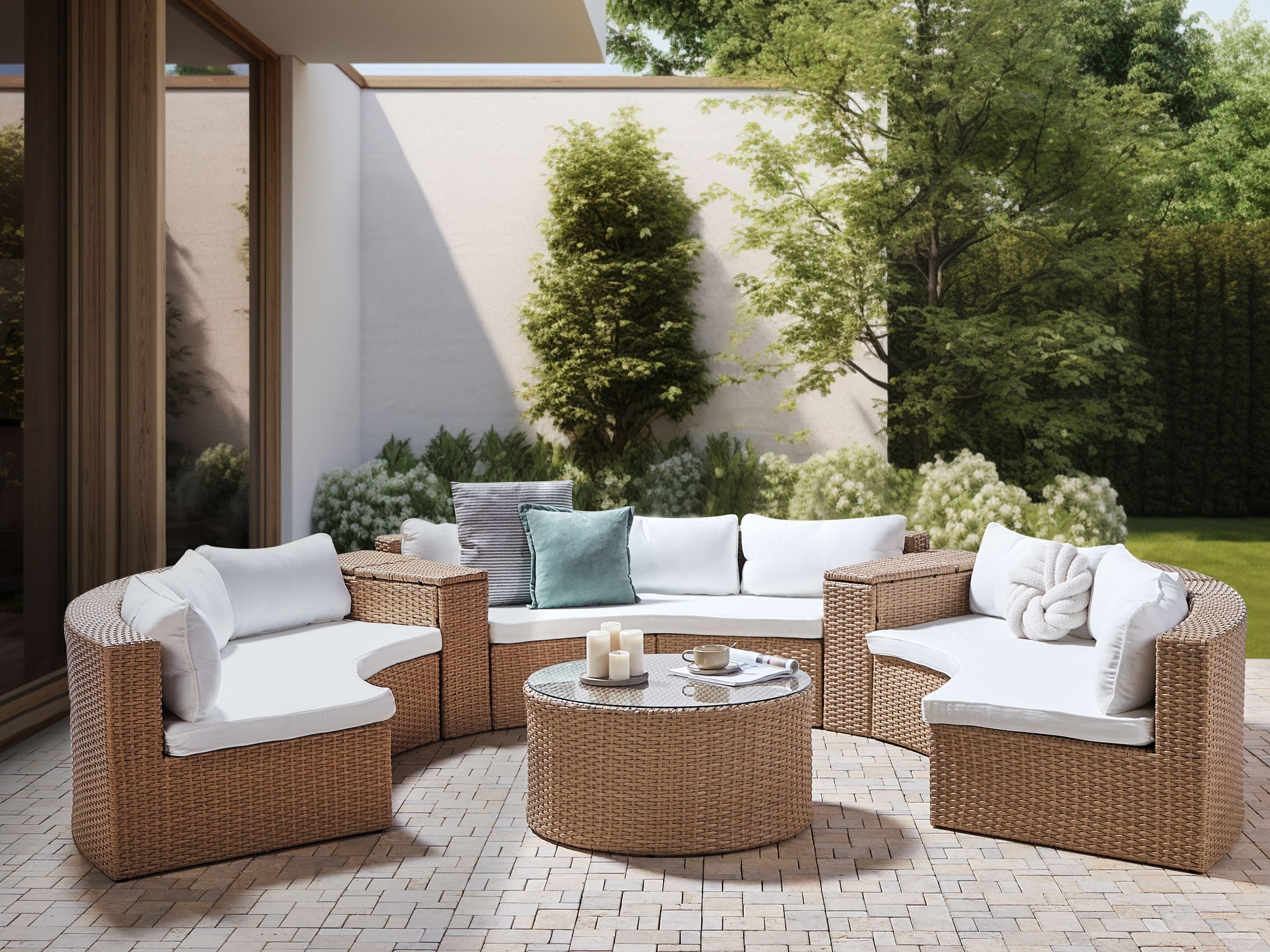 Beliani 9-Sitzer Lounge Set Rattan Sand beige rund mit Auflagen weiß Couchtisch Severo