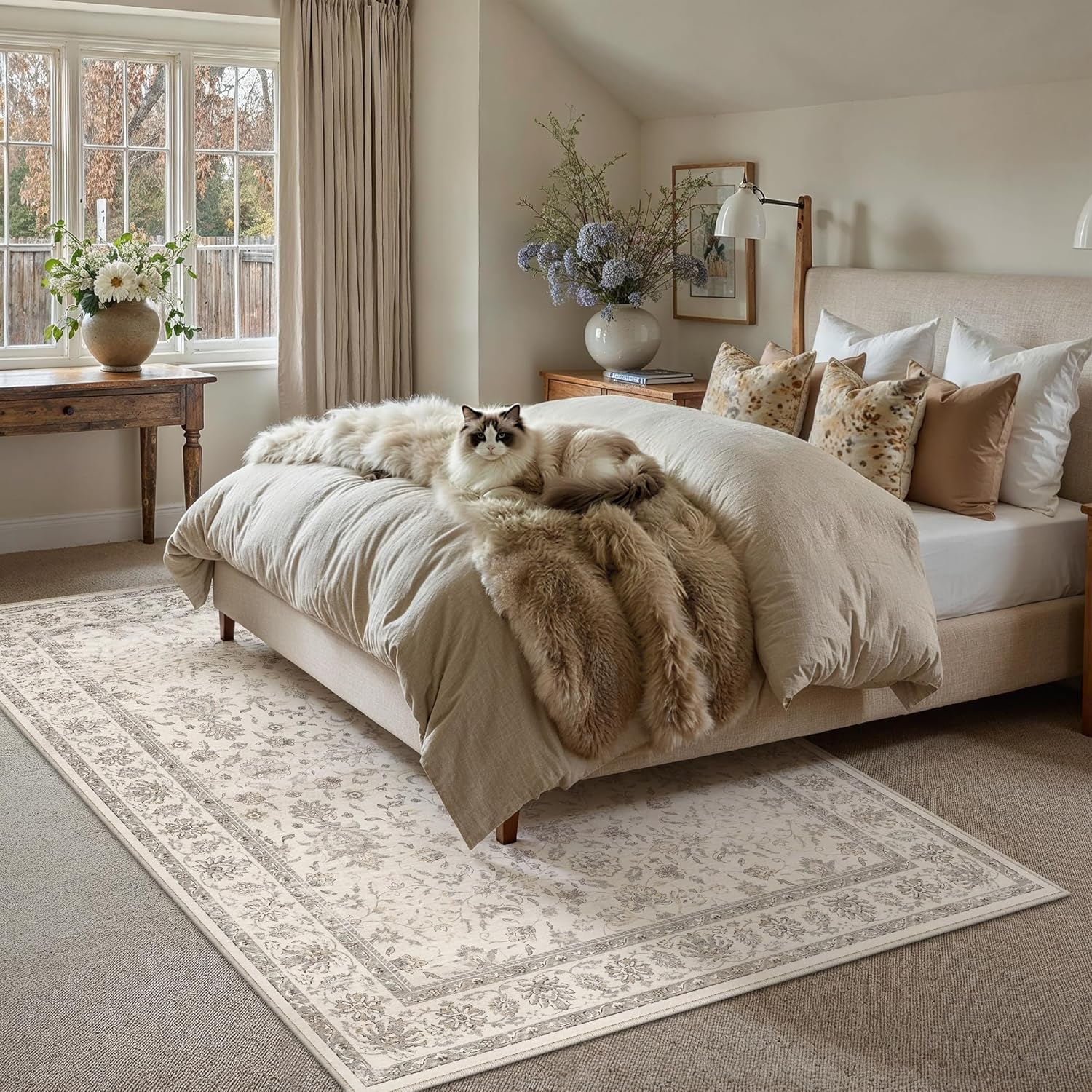 purecozy 5x7 area rug beige washable vintage carpet living room bedroom non slip stain soft resistant low pile thin boho accent indoor throw rug for dining room office 5' x 7' (rectangular) oriental beige