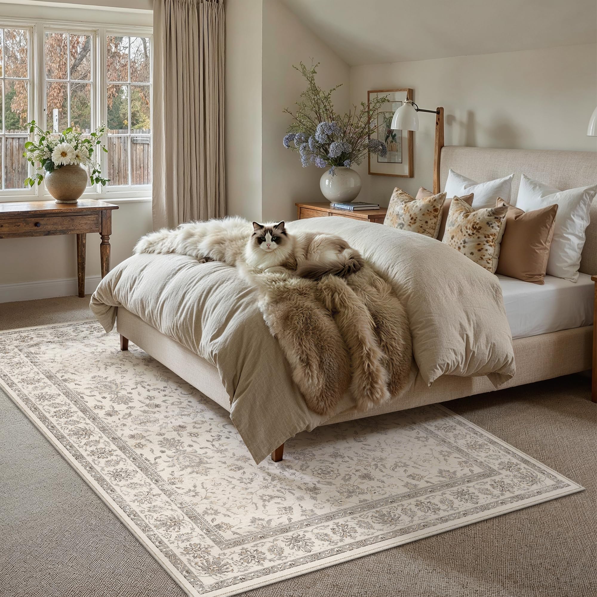 BearCerjū クリーム PureCozy Beige 5x7 Area Rug Washable Vintage Carpet Living Room