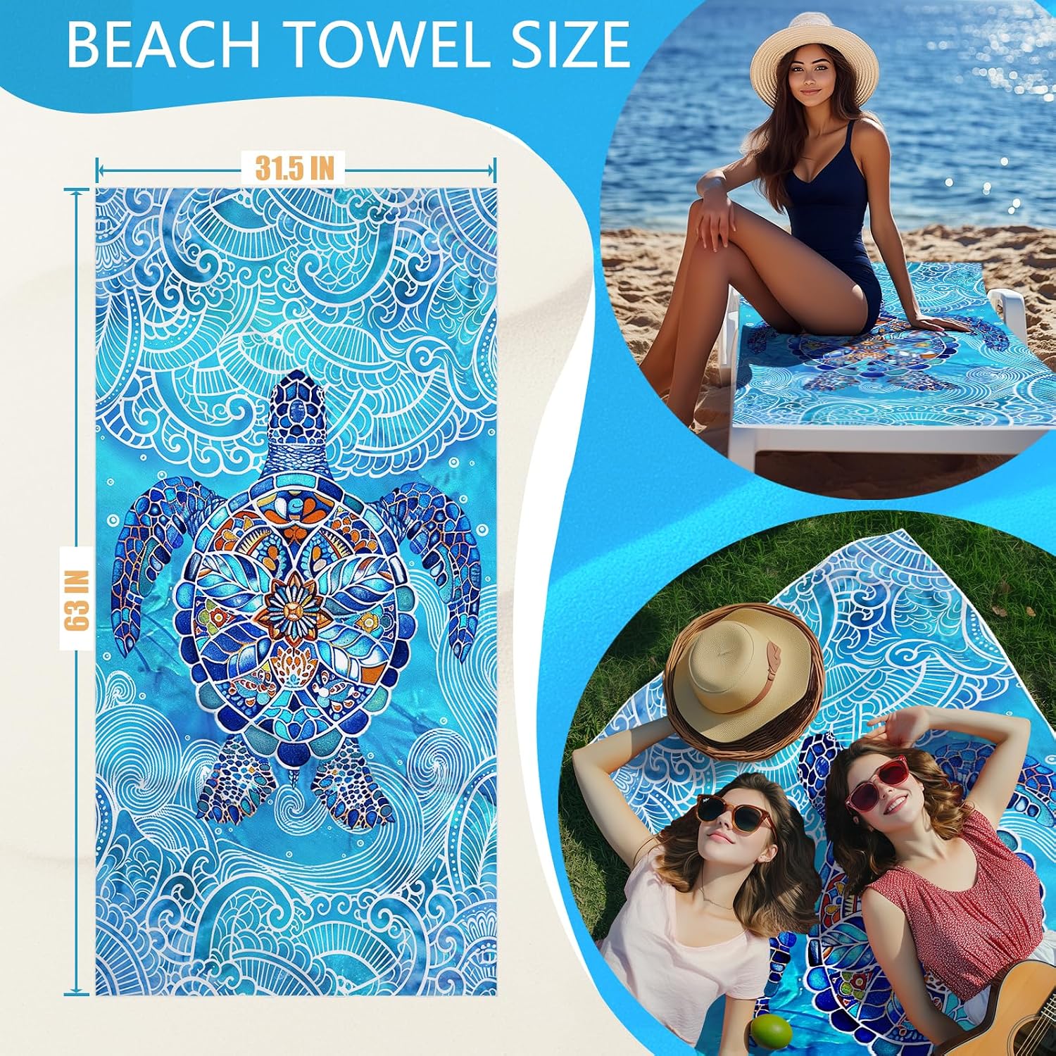 2-in-1 Convertible Towel & Backpack Microfiber Beach Towel Bag for Camping Swimming Vacation Blue Turtle image 3