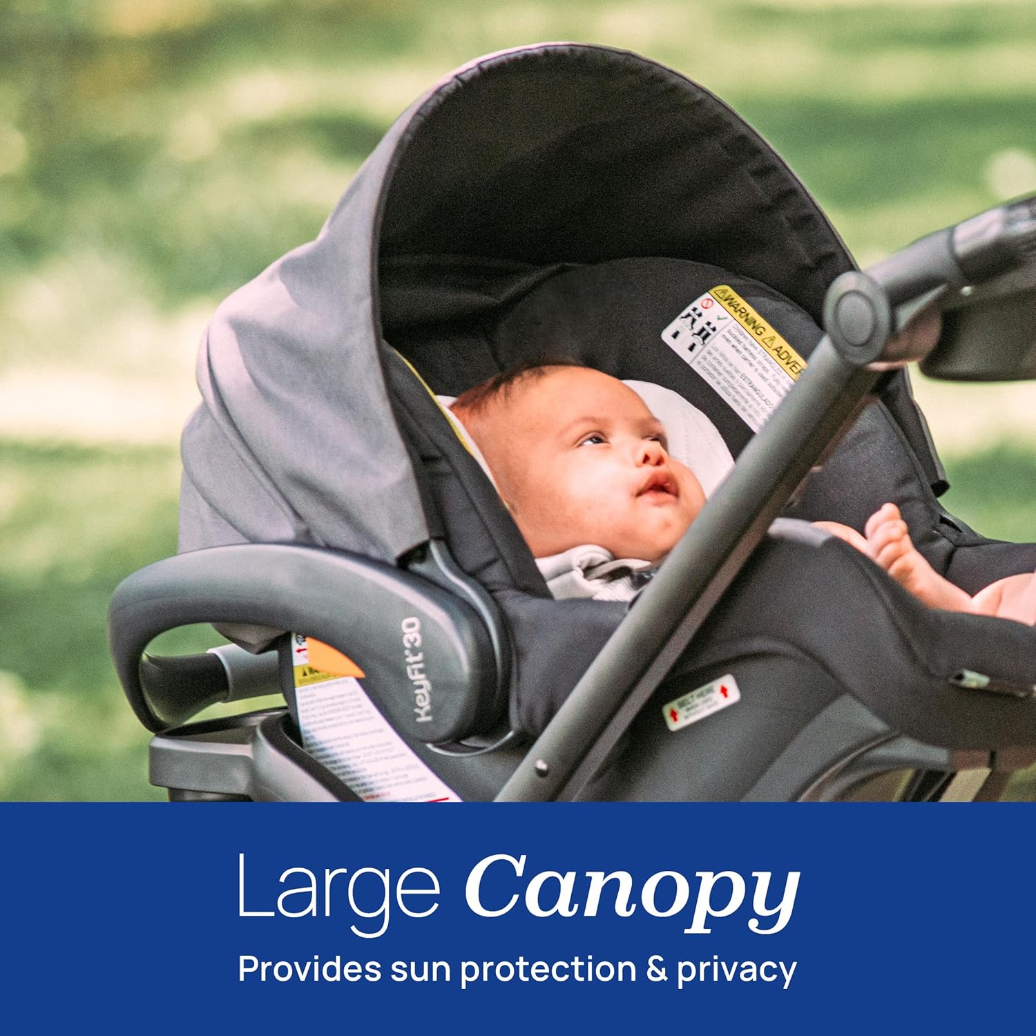 Chicco KeyFit 30 infant car seat with large canopy extended