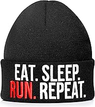VELENTI Eat Sleep Run Repeat Beanie Hat – Funny Running Embroidered Knit Winter Cap – Warm Jogger Hat for Men, Women & Teens – Runner Gift & Fitness Accessory Black
