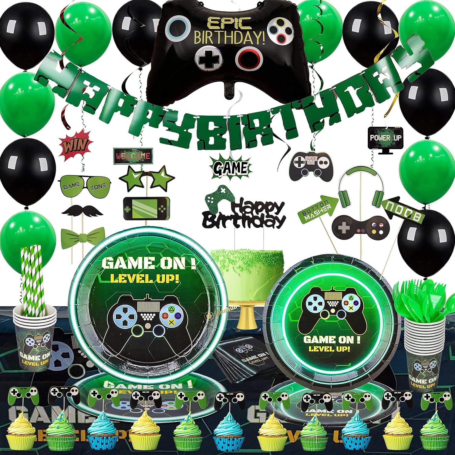 Video Game Birthday Party Supplies 2 sets in 1: Video Game Decorations & Party Tableware, Table Cover, Birthday Banner, Balloons, Toppers, Photo Props, Hanging Swirls, 194 Pcs Serves 16 Guests