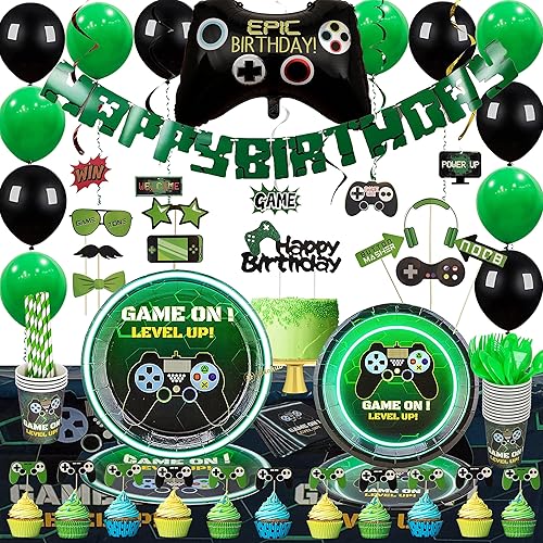 Suministros para fiesta de cumpleaños de videojuegos 2 juegos en 1 decoraciones de videojuegos y vajilla de fiesta, cubierta de mesa, pancarta de