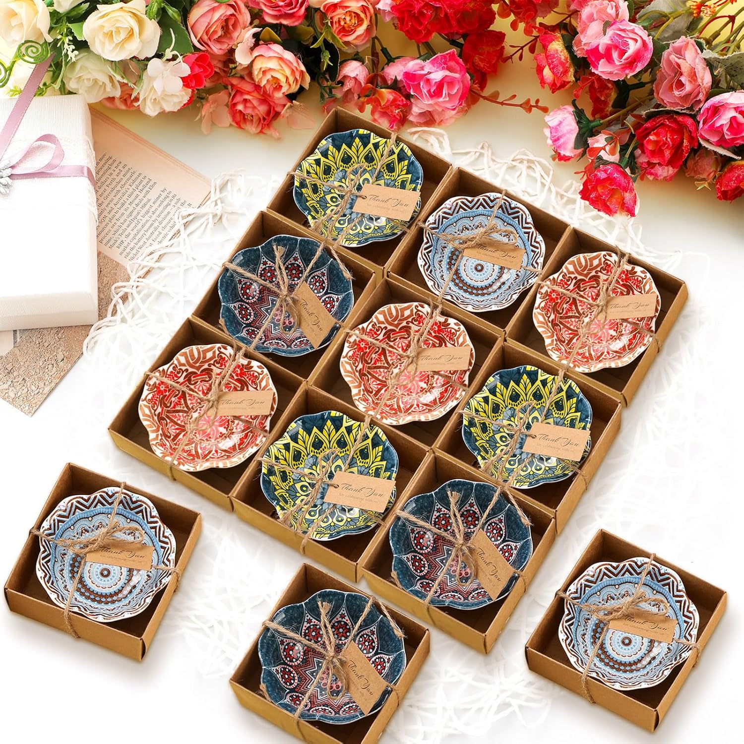 Yoande 12pcs Bohemian Ceramic Dipping Bowls 3.3" - Mexican Pottery Wedding Favors, Bridal Shower Baby Shower Guest Gifts