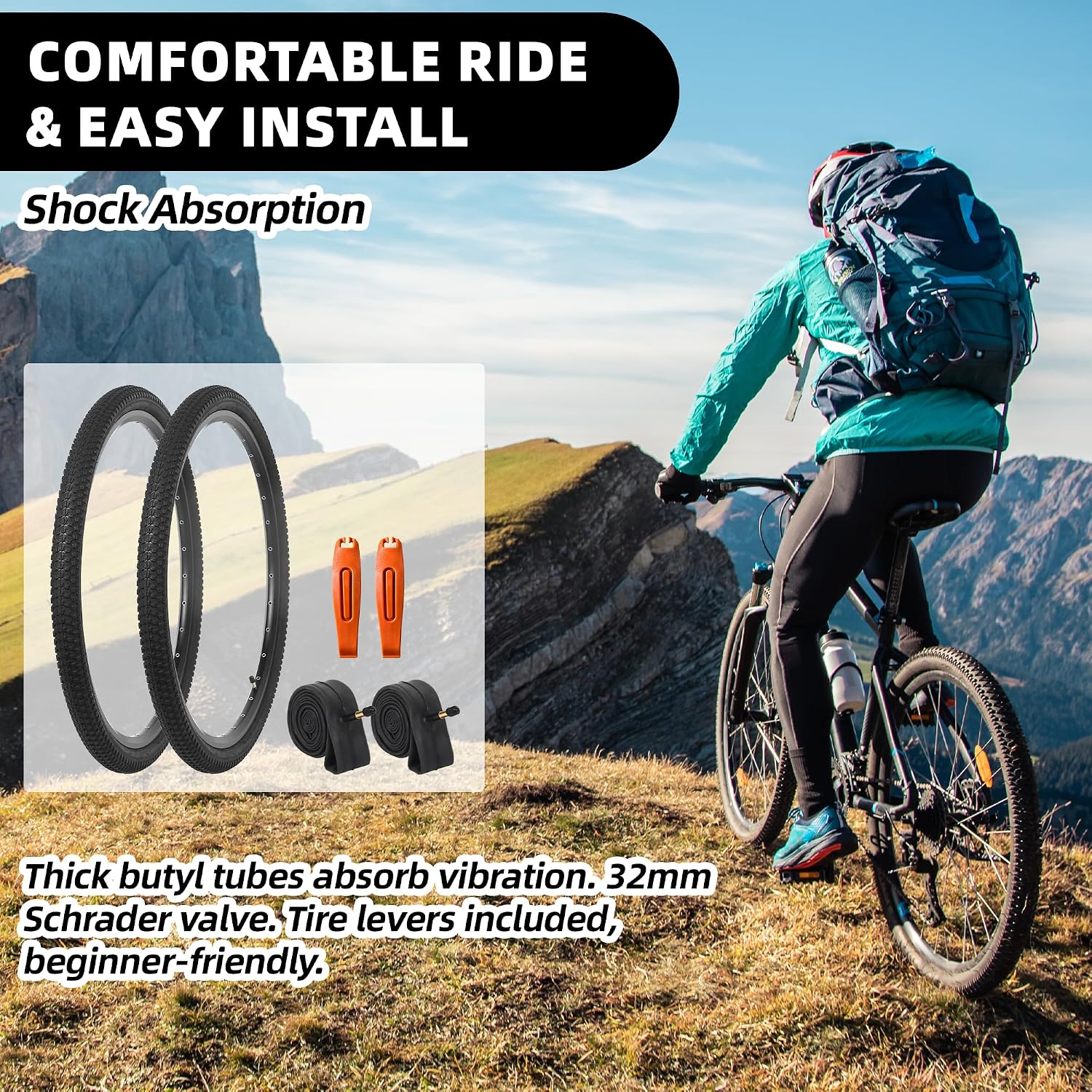 CALPALMY (2-Set) 18"/20"/24"/26" Mountain Bike Tire and Tube Kit, Folding MTB Tires and Inner Tubes with Schrader Valve, All-in-One Replacement Set for Commuter & Recreational Bikes