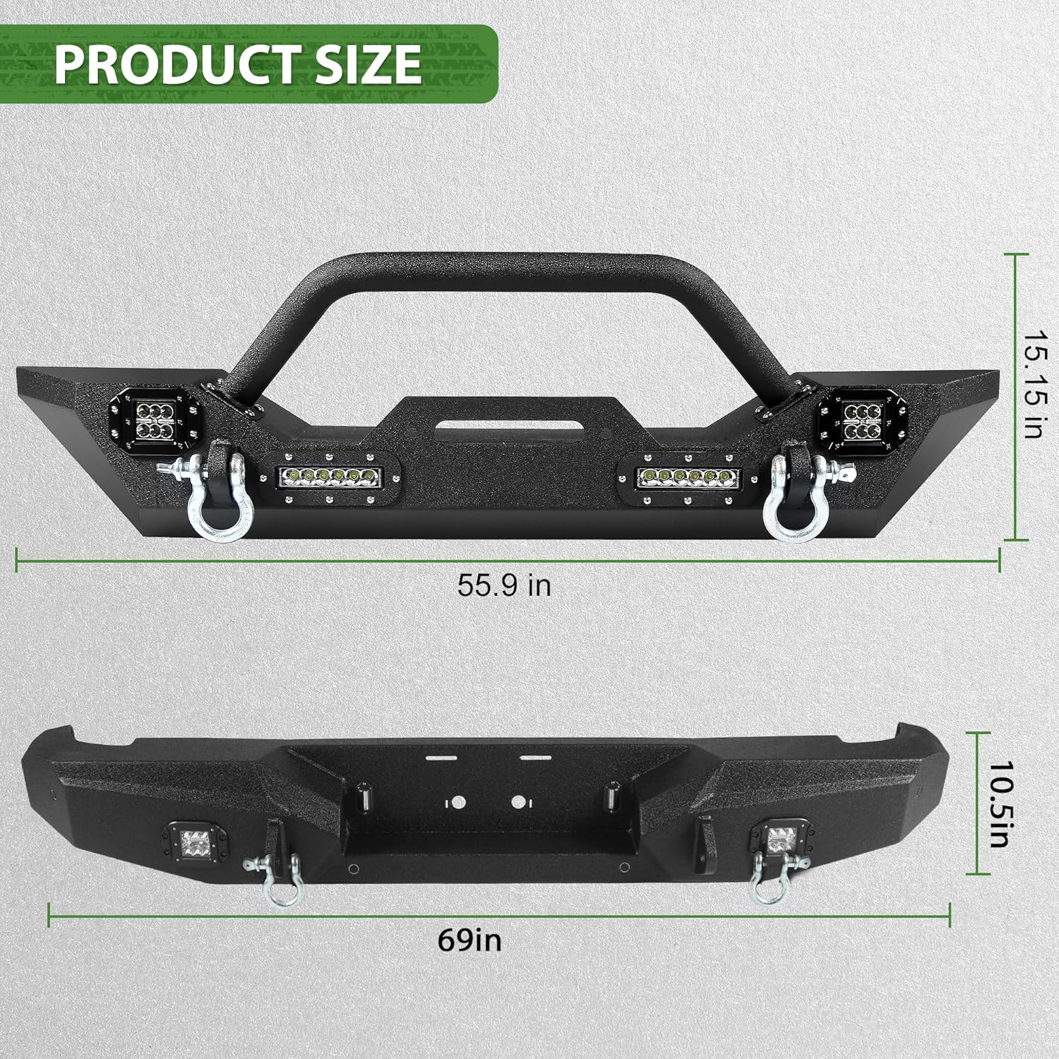 Off Road Front Rear Bumper Fit for Jeep Gladiator JT 2020 2021 2022 2023 2024 2025 Full Width Steel Bumper Combo Fit for JT 2/4 Door W/2 * 18W Lights 4 Sensor Holes Textured Black Bumper Set