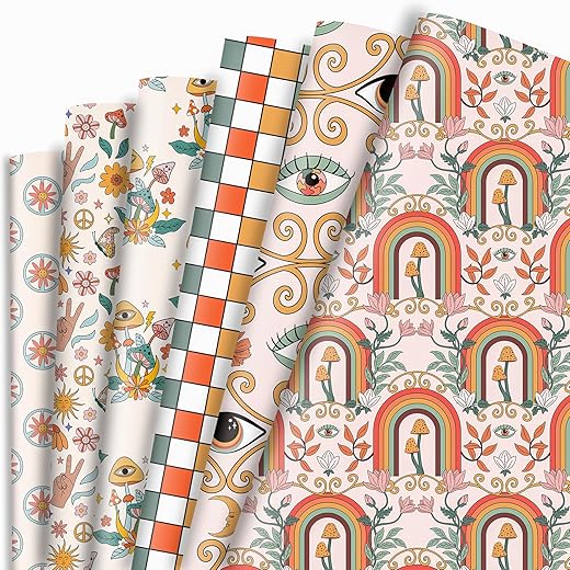 Dtiafu 12 Sheet Groovy Floral Wrapping Paper Retro 70S Style Gift Wrap with Vintage Botanical Mushroom Butterfly Hippie Great for Girl Women Birthday Wedding,20 X 27 Inch Per Sheet