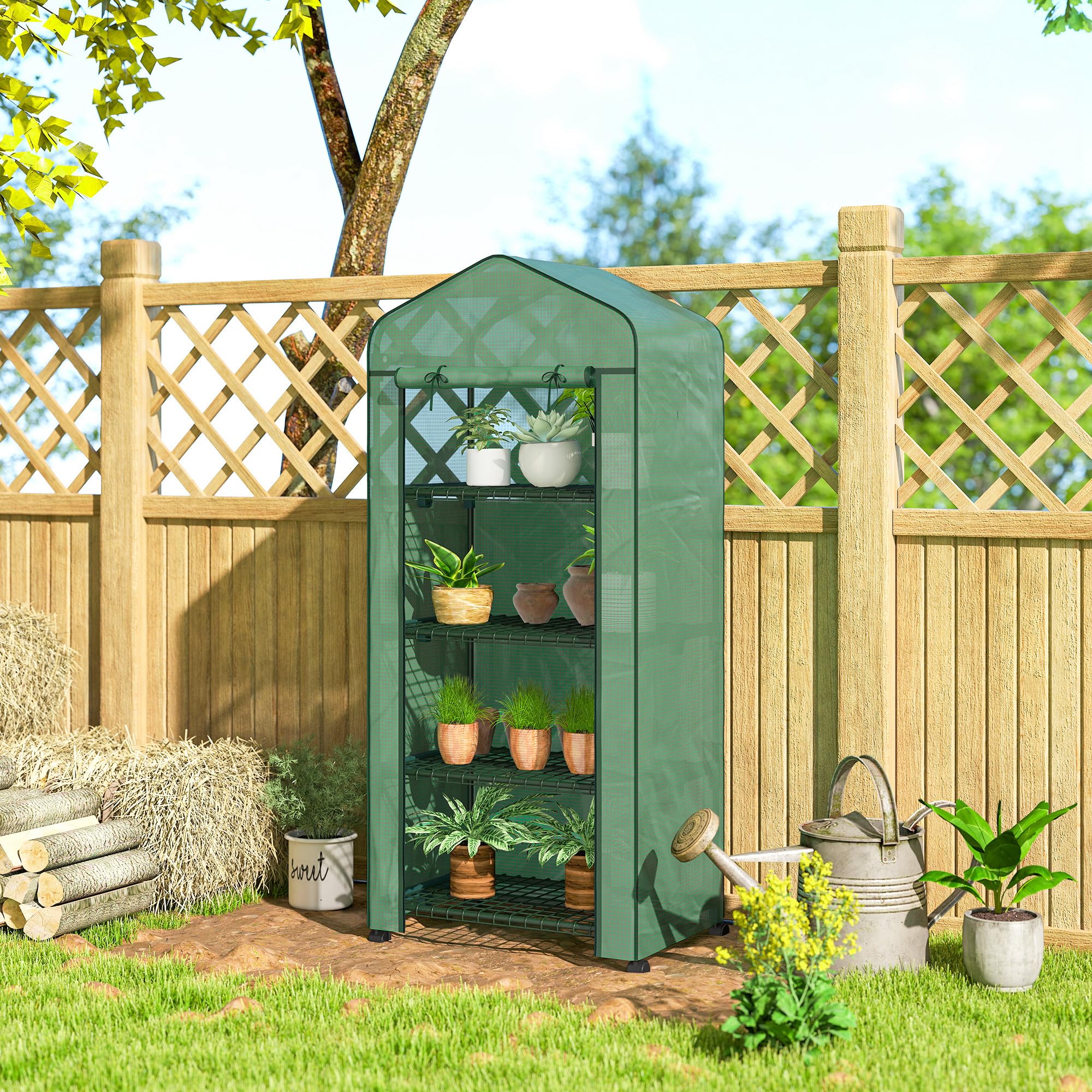 Outsunny Serra da Balcone a 4 Livelli con Porta Avvolgibile e 4 Rotelle, Serra per Orto con Struttura in Acciaio e Copertura in PE per Orto, Verdure, Fiori e Frutta, 69x50x165 cm Verde
