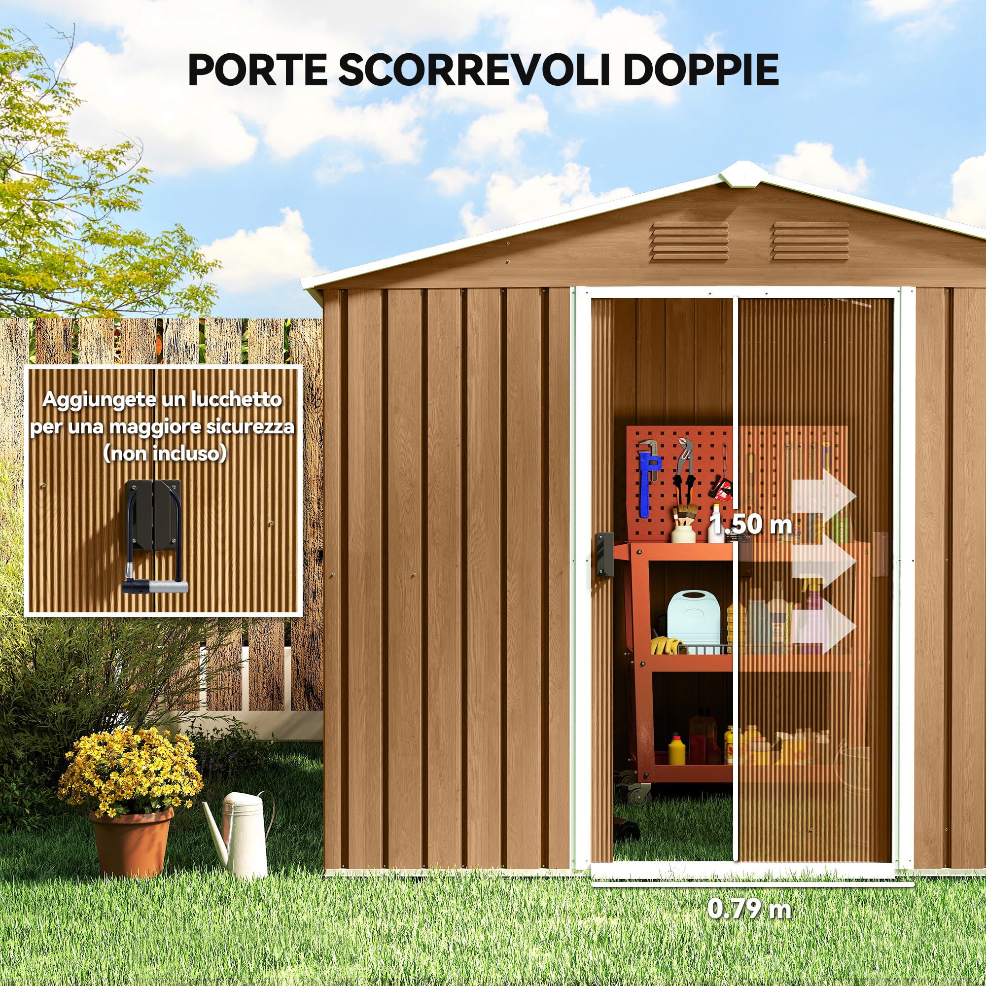 Outsunny Casetta da Giardino 3.6m² in Acciaio Zincato con Prese d'Aria, Capanno da Giardino con Doppia Porta Scorrevole Bloccabile, Tetto Inclinato, Capanno Porta Attrezzi, Marrone Scuro Effetto Legno