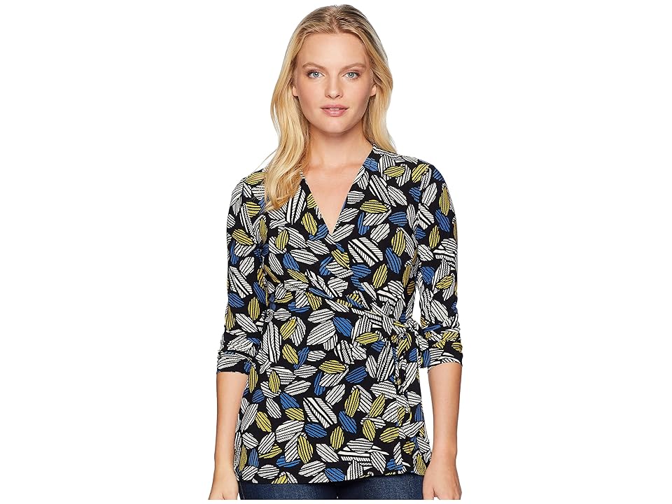 

Anne Klein 3/4 Sleeve Wrap Top (Black/Cezanne Blue Combo) Women's Clothing