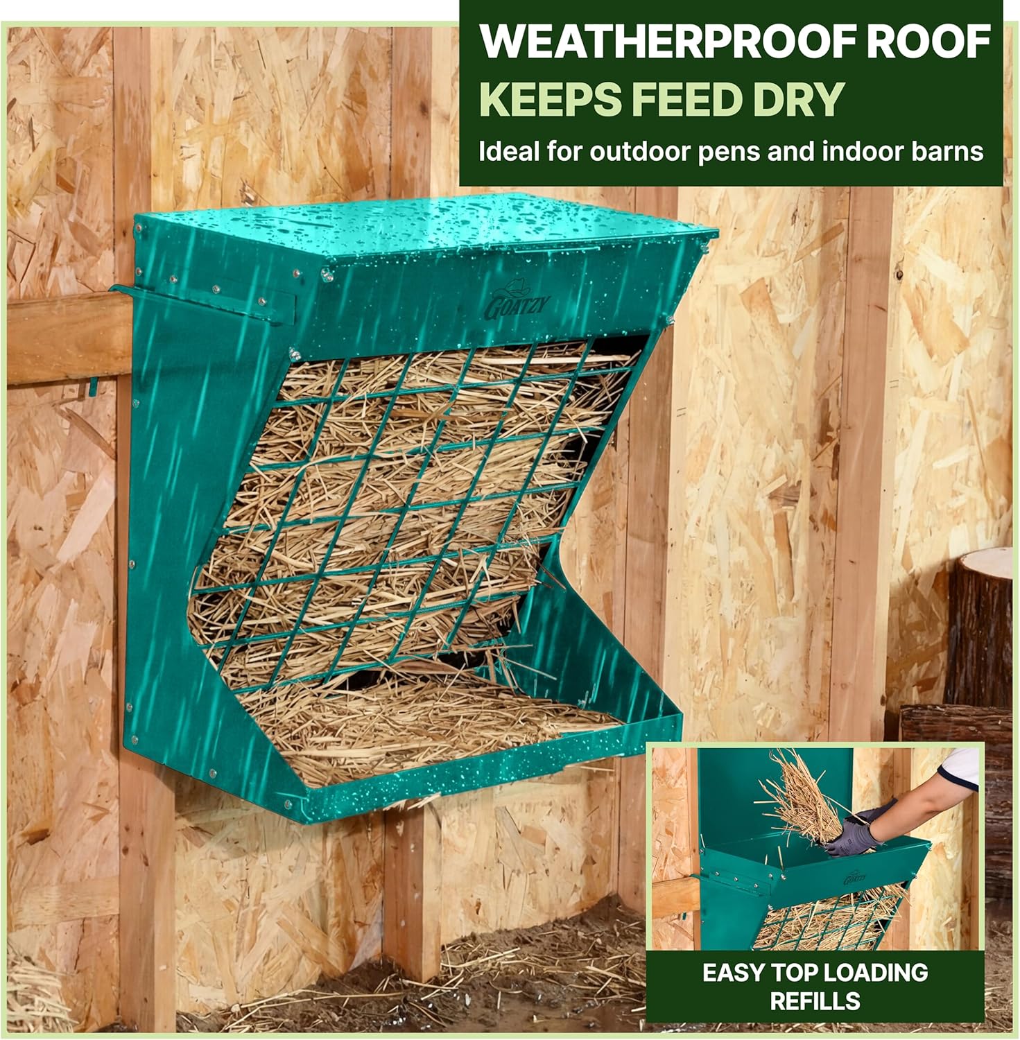 Wall Mount Hay Feeder for goats, Covered Hay Feeder for horses with Roof, 2in1 25 gallon hay rack & Grain, Hanging hook on fence mount, Galvanized Steel goat hay Feeder for Sheep Cattle - Green