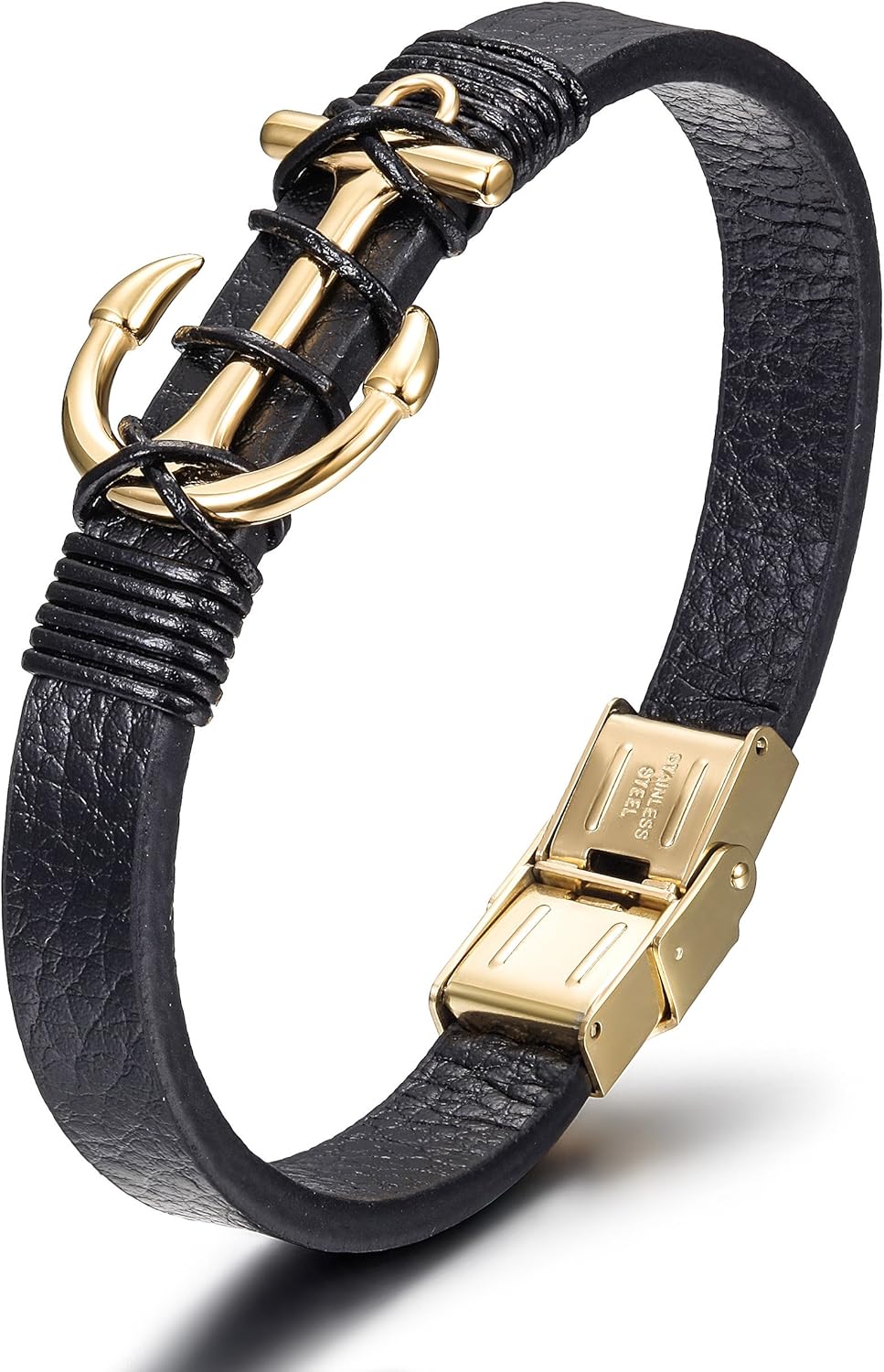 Men’s Leather Bracelet with Stainless Steel Anchor, Black Genuine Leather Wristband, Nautical Anchor Bracelet for Men, Fits 7.5–8.5 Inch Wrist, 8.7in Inner Circ.