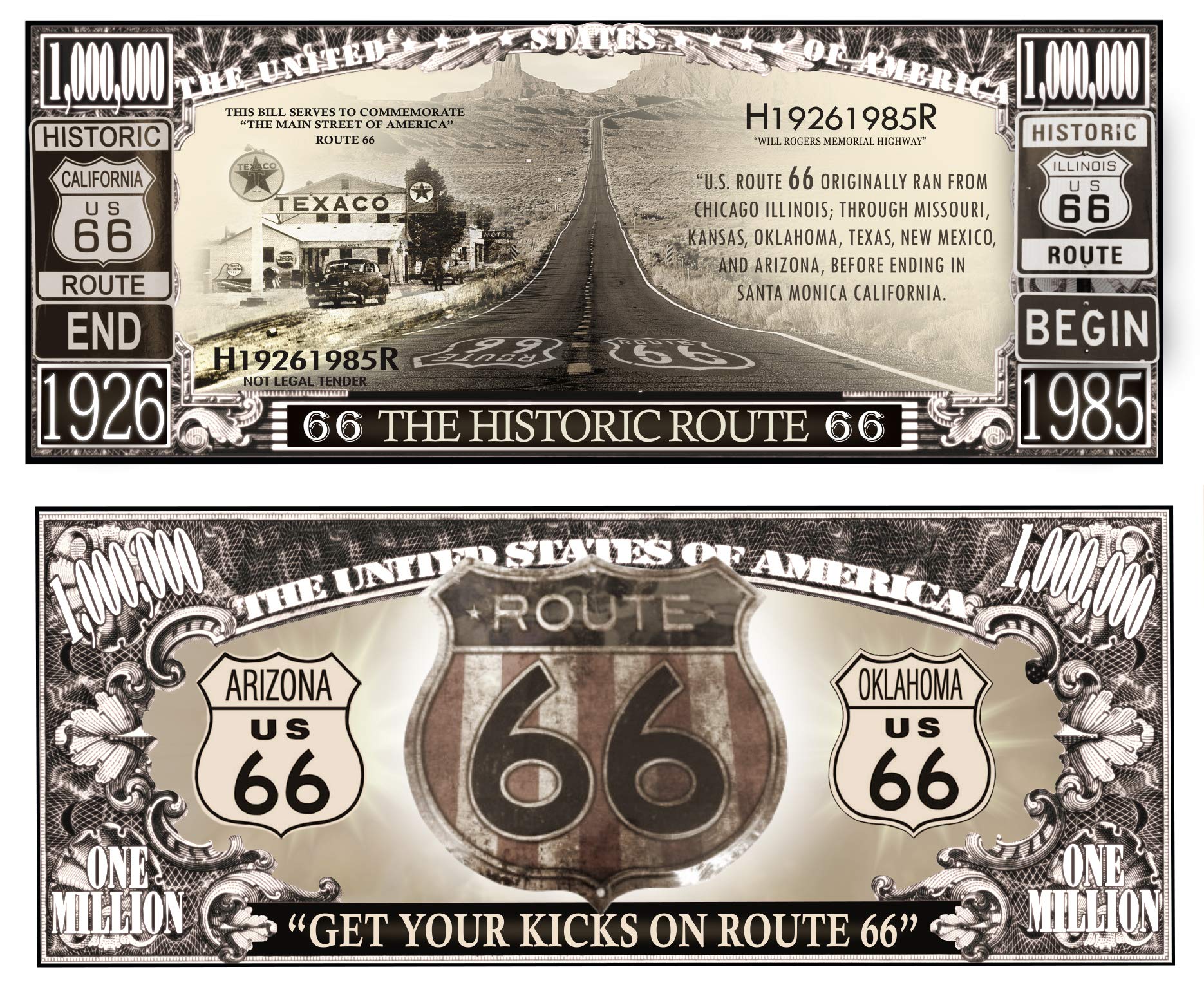 Anime Source Historic Route 66 Commemorative Novelty Million Bill with Semi Rigid Protector