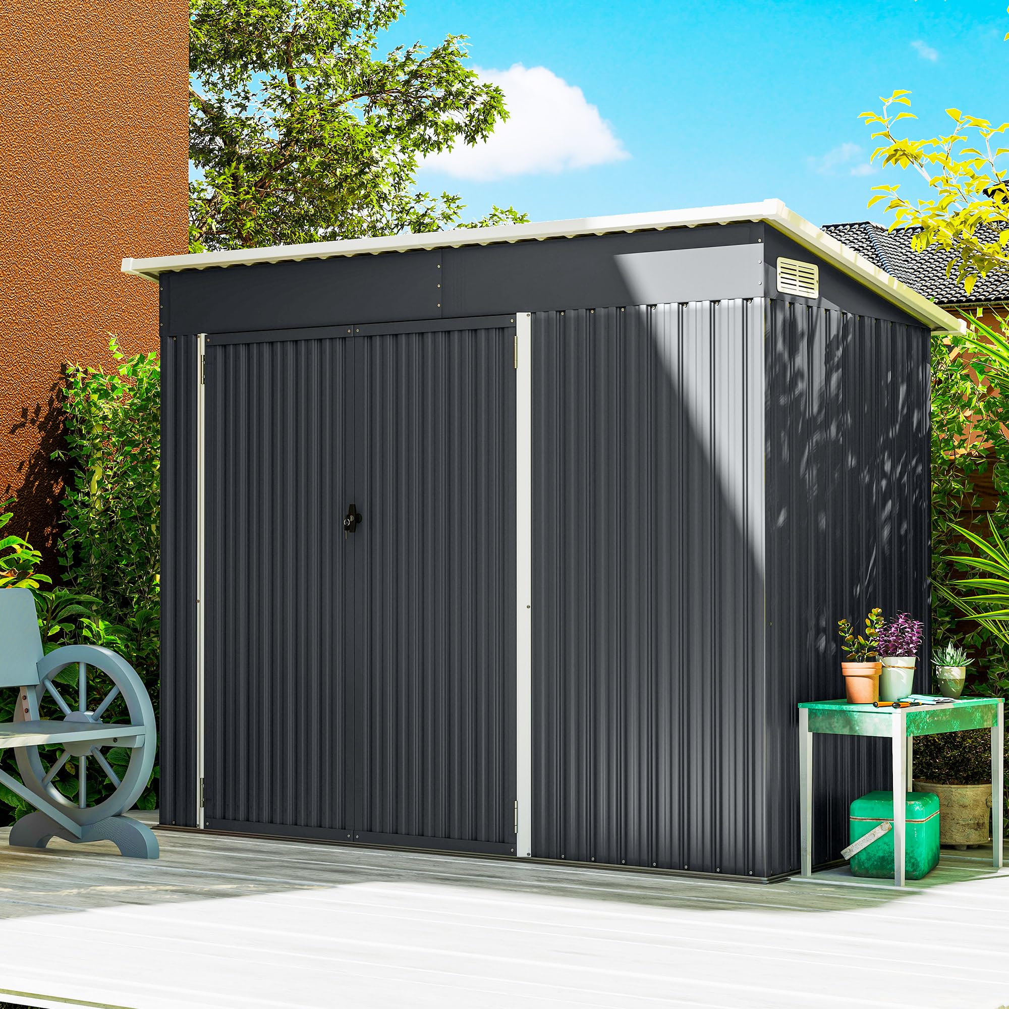 Outsunny Abri de Jardin métal 234 x 132 x 185 cm Triple Porte verrouillable Toit incliné Acier galvanisé Gris foncé