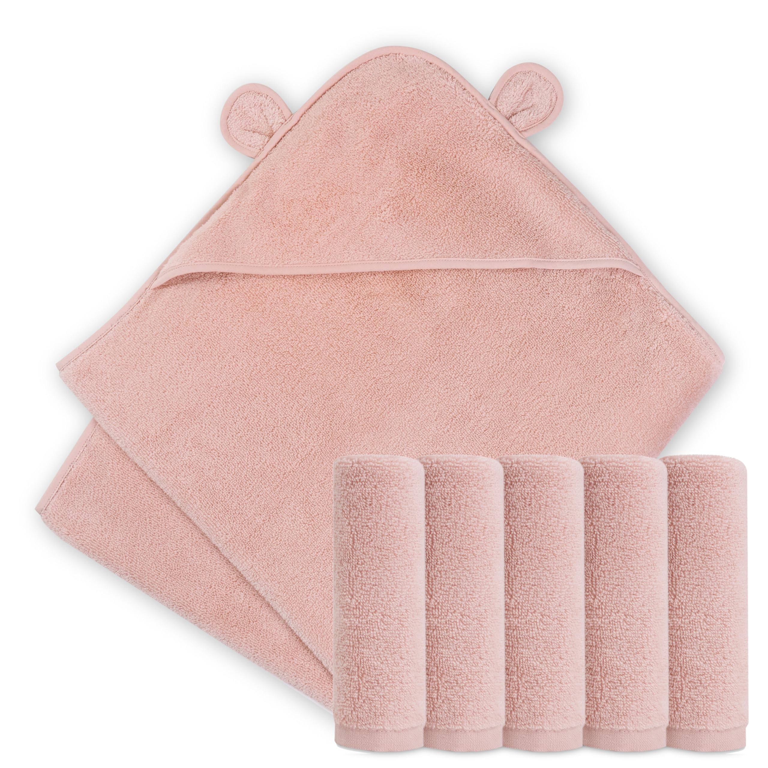 NatemiaOrganic Hooded Baby Bath Towel + 12”x12” Soft Cotton Baby Towels - Pack of 5 - Ultra Soft Cloud Touch Cotton - Pink