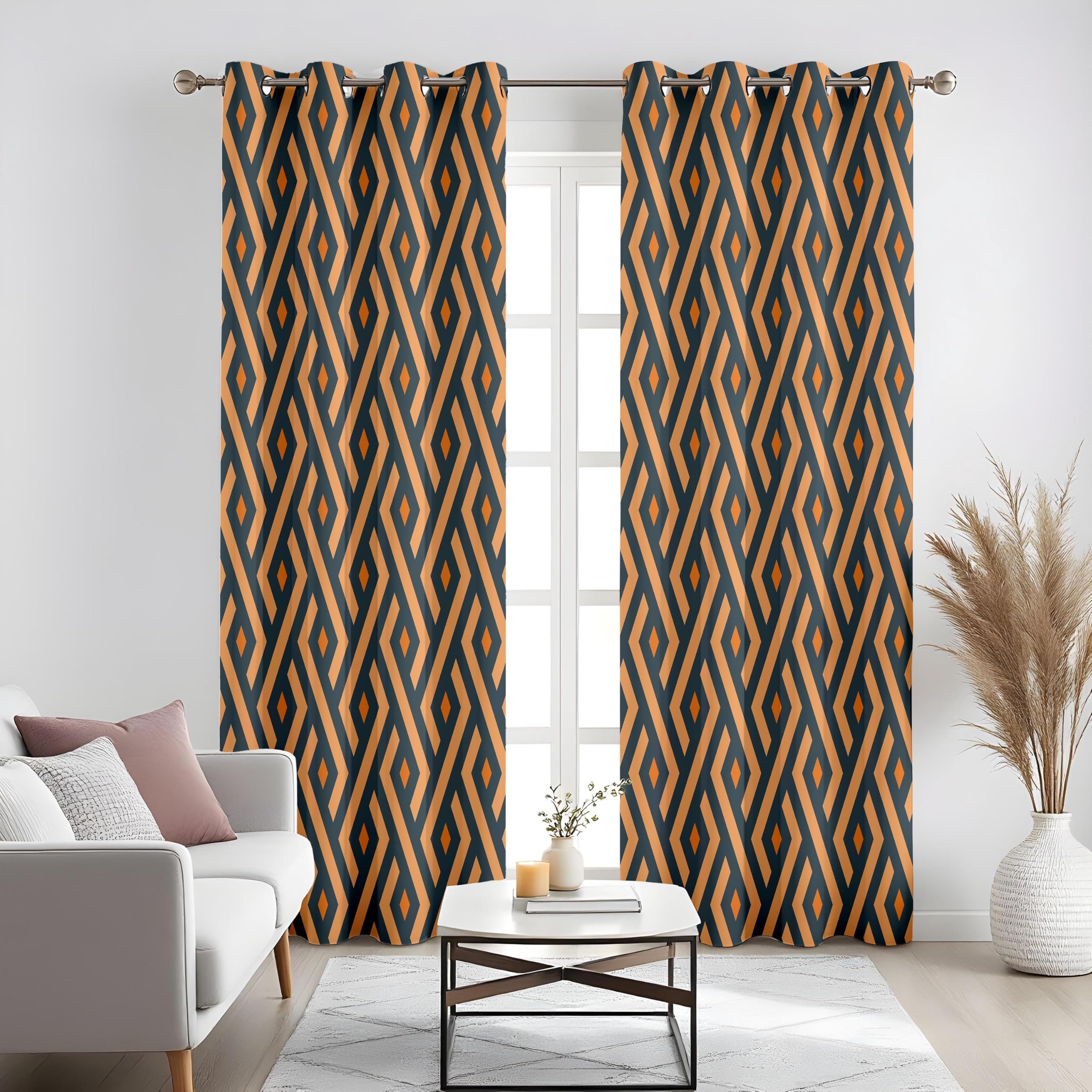 Rideaux occultants géométriques Art Déco, Motifs Audacieux Orange et Noir à Losanges, Panneaux de fenêtre à Motif Abstrait pour Une décoration intérieure Moderne (L x H / 2 x 200 x 265 cm)