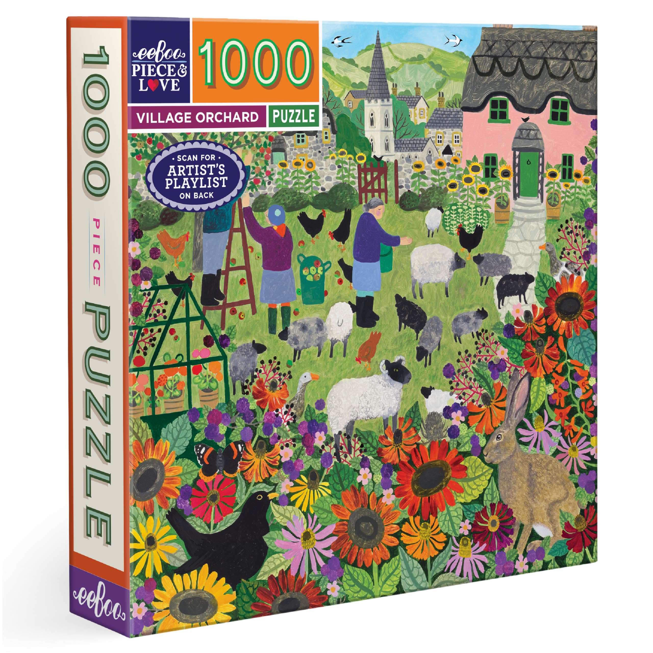 eeBoo Piece & Love: Village Orchard – Puzzle de 1000 pièces – Puzzle carré pour Adulte, scène de Village Anglais de Vanessa Bowman, Nature automnale, écologique