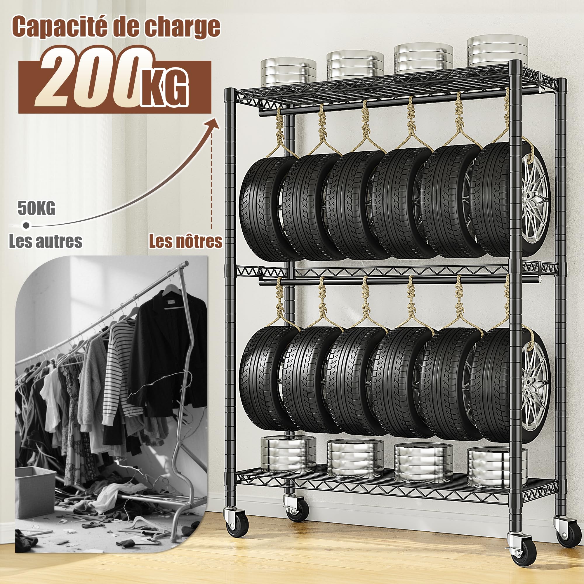 90 * 40 * 200cm Portant à Vêtements Solide à Roulettes avec Plateaux | 90 * 40 * 200 cm, hauteur modulable, charge maximale 200 KG, penderie vêtement dressing avec étagères réglables, noir