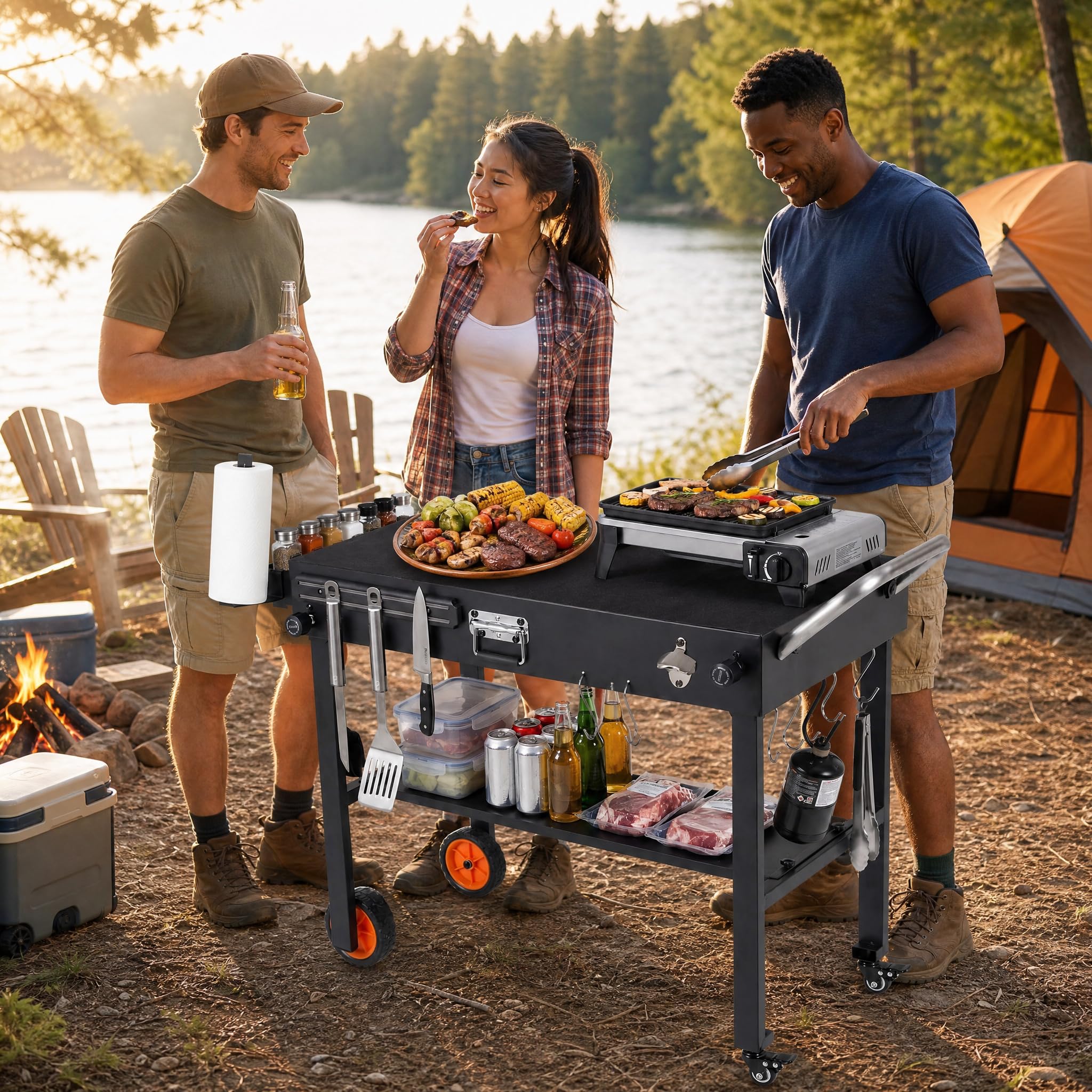 KOMFOTTEU Carrello Barbecue da Esterno Pieghevole con Ruote | Carrello per Grigliate con Ripiano Aperto, 7 Ganci e Tovaglietta Resistente al Calore, per BBQ, Picnic e Feste