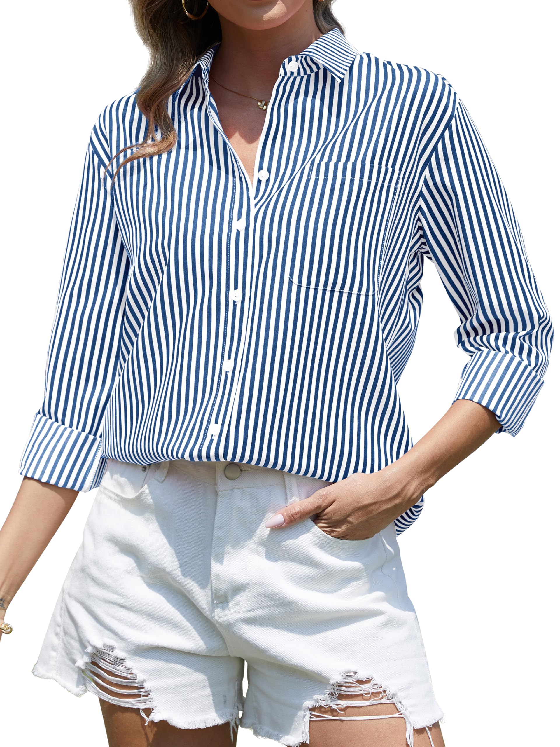CUNLIN Grade 4 Wrinkle-Resistant Women's Button Down Shirts Striped Long Sleeve Collared Blouses Tops with Pocket